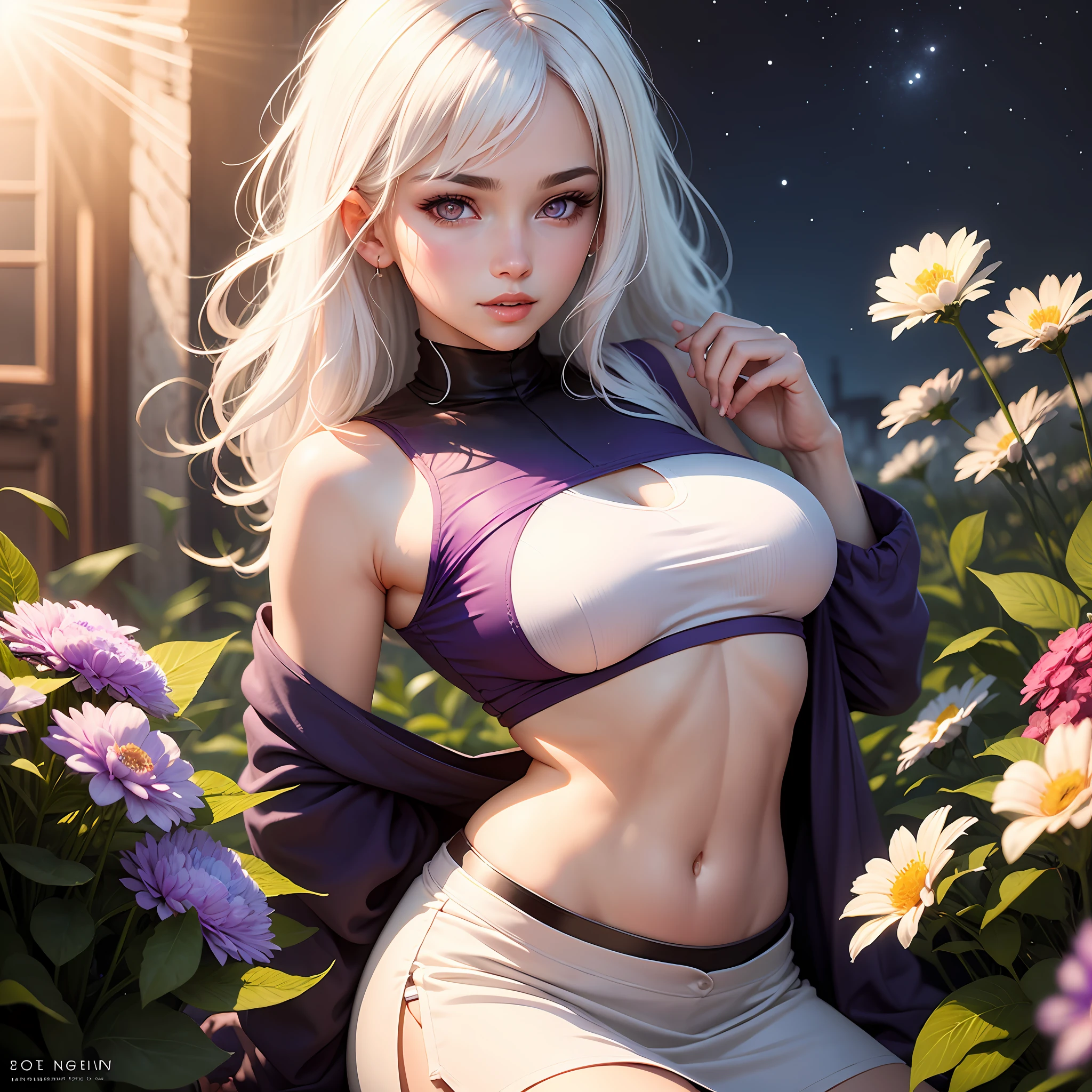 realistic, 1girl, white hair, purple eyes, glowing eyes, crop top, skirt, parted lips, blush, night, flowers, sun, sunlight,
