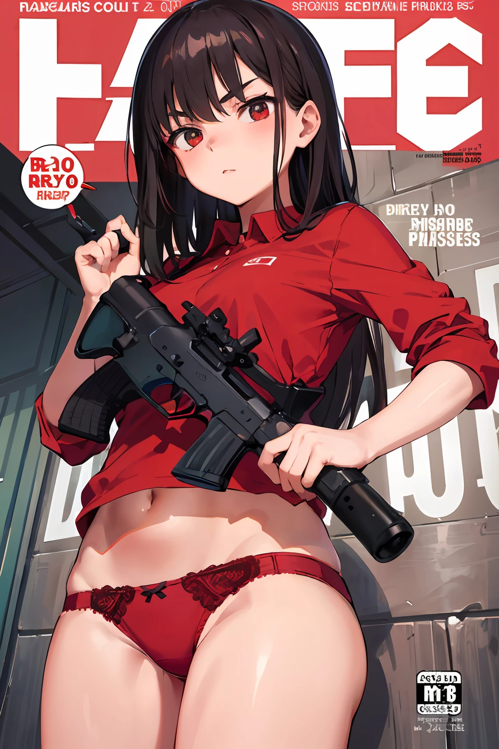 (masterpiece:1.2, best quality), (highly detailed:1.3), (magazine cover), 1girl, , petite, ( panties), (red shirt), (holding a gun), serious,