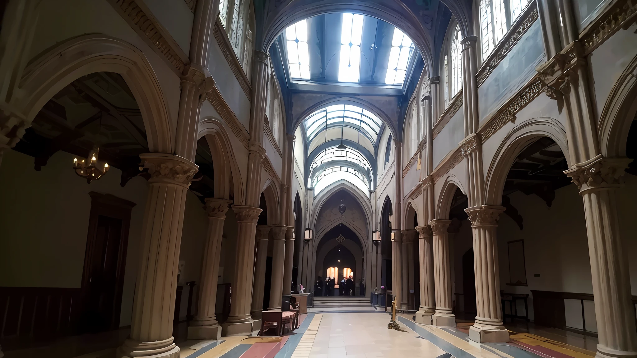超高分辨率, Best quality, Photo, 4K, The walls are all medieval paintings,The two pillars are splendorous,The hall is lit up