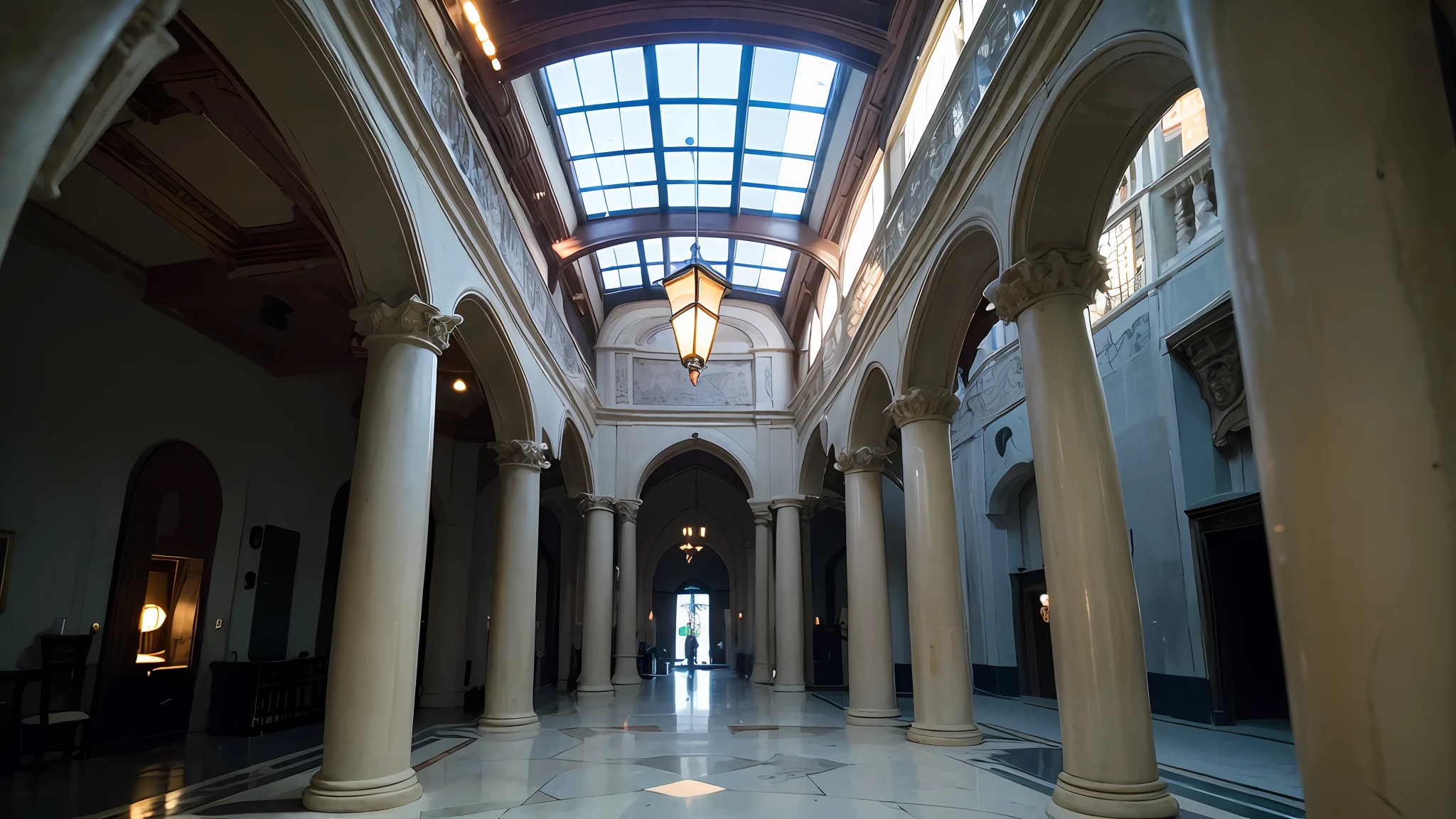 超高分辨率, Best quality, Photo, 4K, The walls are all medieval paintings,The two pillars are splendorous,The hall is lit up
