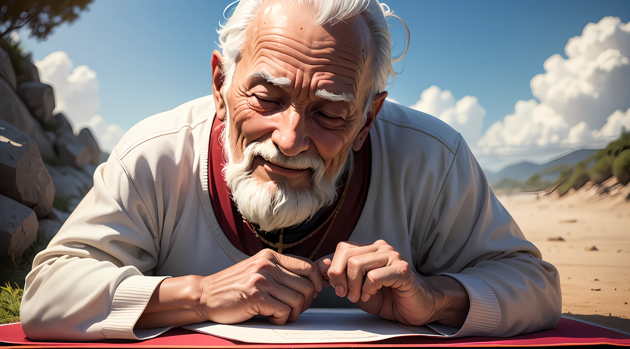 "Illustration of a cartoon style of an old woman, com um feliz, grateful expression on his face, in a position of prayer. He's kneeling on a prayer mat, em um ambiente calmo e silencioso. Ao fundo, one can see a beautiful blue sky, com nuvens brancas e um sol radiante. The old woman is wearing comfortable clothes and holding a rosary in her hands. He's tilting his head down.., in a gesture of deep gratitude and humility. A imagem deve transmitir a mensagem de que, independentemente da idade, Thanking God is an important and rewarding attitude. O homem idoso deve parecer sereno e confiante, demonstrating the satisfaction and peace that come with prayer and thanksgiving. A imagem deve ser leve e alegre, convey the positive message that it is possible to find peace and contentment, even in tough times, through faith and gratitude."