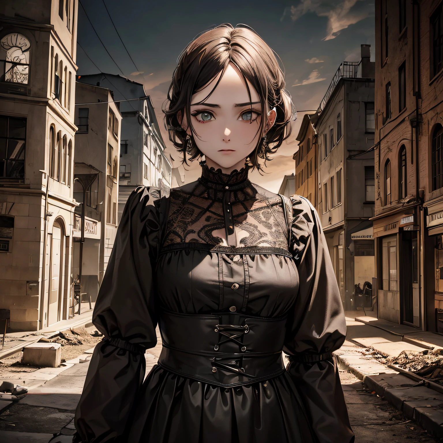 (((obra maestra))), Artistic style, Film style, 8K camera, HDR camera, Zombie posing for camera, Gothic-style city destroyed by military attack, atardecer