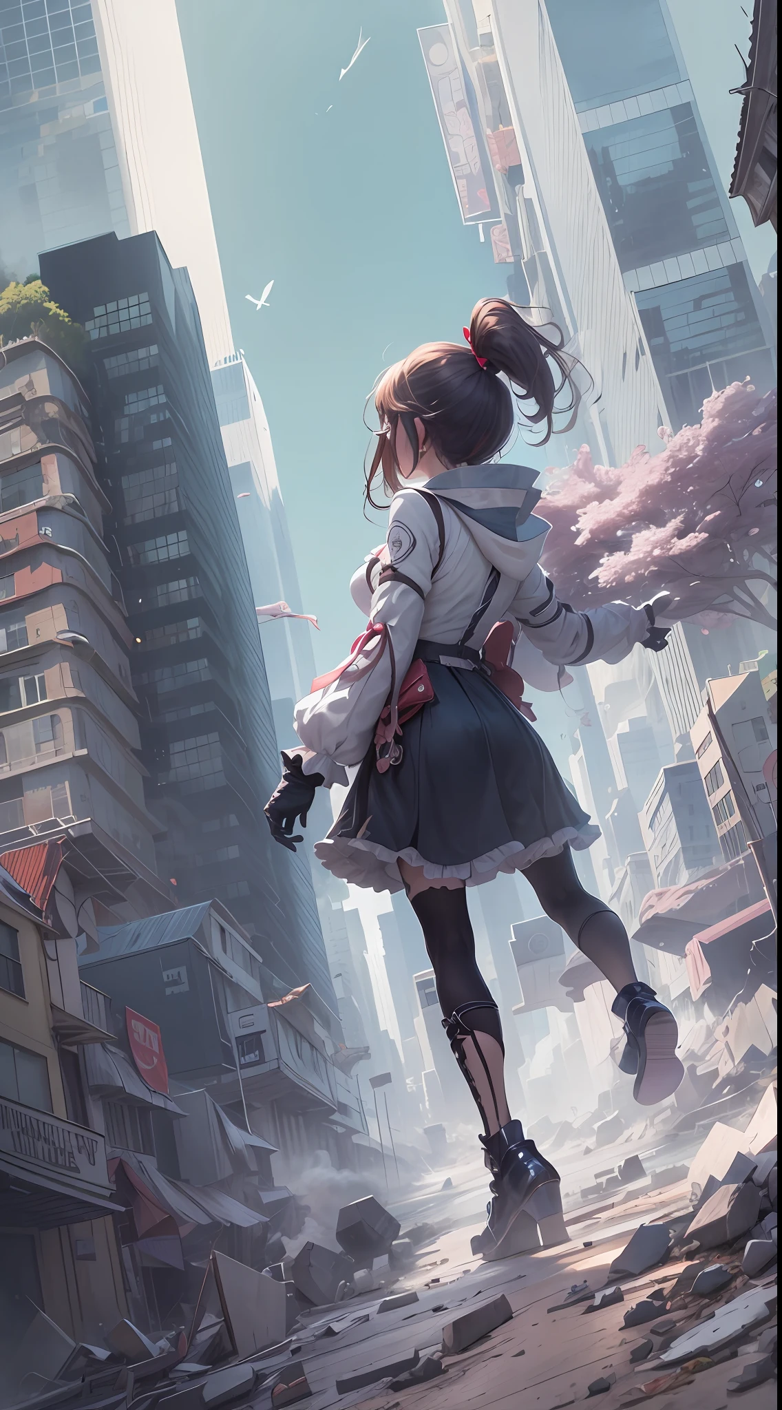 1girl, from below view, dress, gloves, standing, city, wide shot, full body, ponytail, hair, frills, gts, city, buildings, rampage, destruction