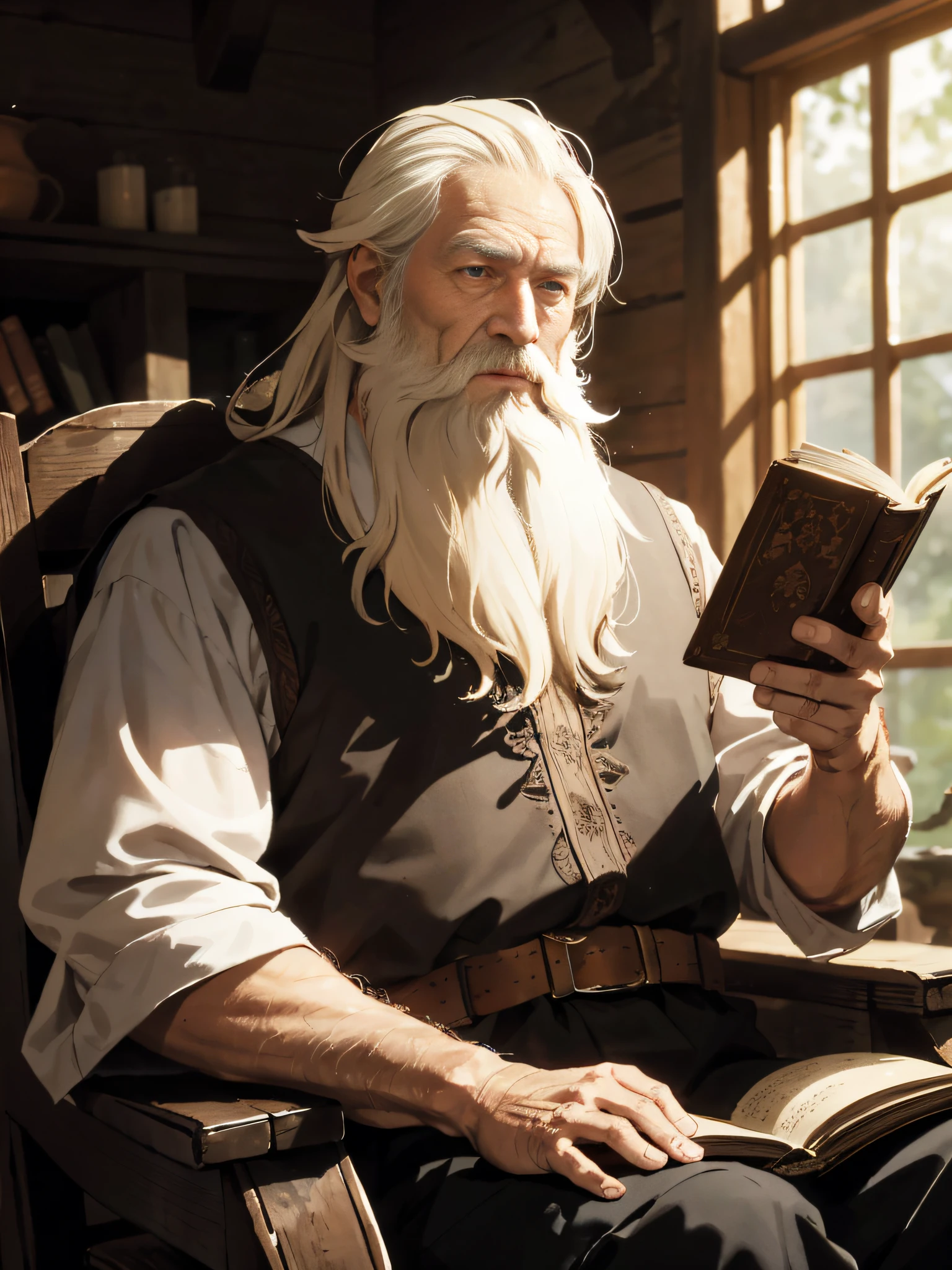 A close-up portrait of a wise-looking elder with a long white beard and kind, twinkling eyes. He is seated in a wooden chair with intricate carvings, with a leather-bound book resting on his lap. His hands are clasped together, and he seems lost in thought. In the background, there is a rustic stone fireplace with a roaring fire, casting a warm glow over the scene. The lighting is soft and warm, accentuating the gentle lines on his face. The overall emotion conveyed should be one of wisdom, serenity, and quiet contemplation.