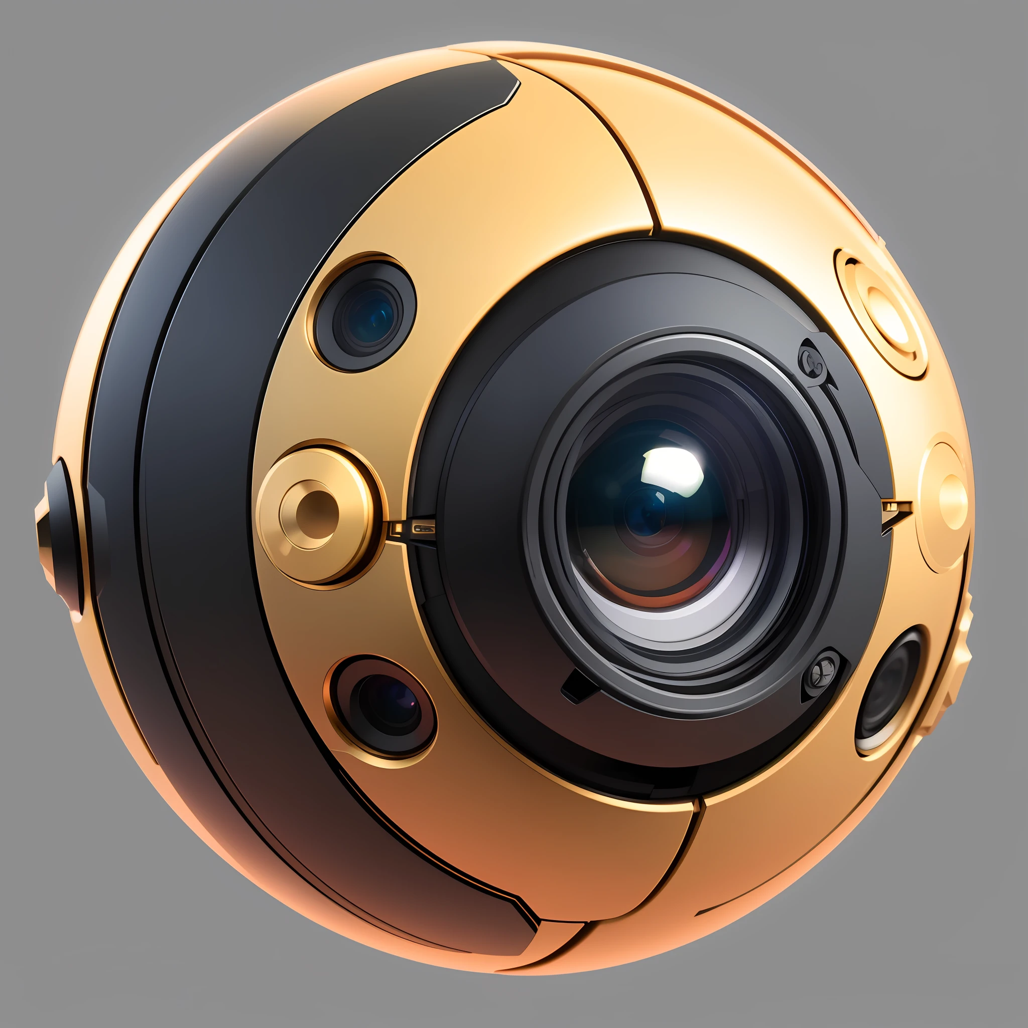 There's a camera that's sitting on a table, Drone camera lens orbs, black deep fisheye camera, Mobile Gimball Camera, bright mechanical eye camera, superfice lisa e branca, hiper detalhado como robo, 8 k octanerender, PBR estilizado, 3 d render stylized, renderizado em keyshot, Substance 3D Painter, Motor irreal. sigma 35mm | |, Renderização 3D 8K Octane