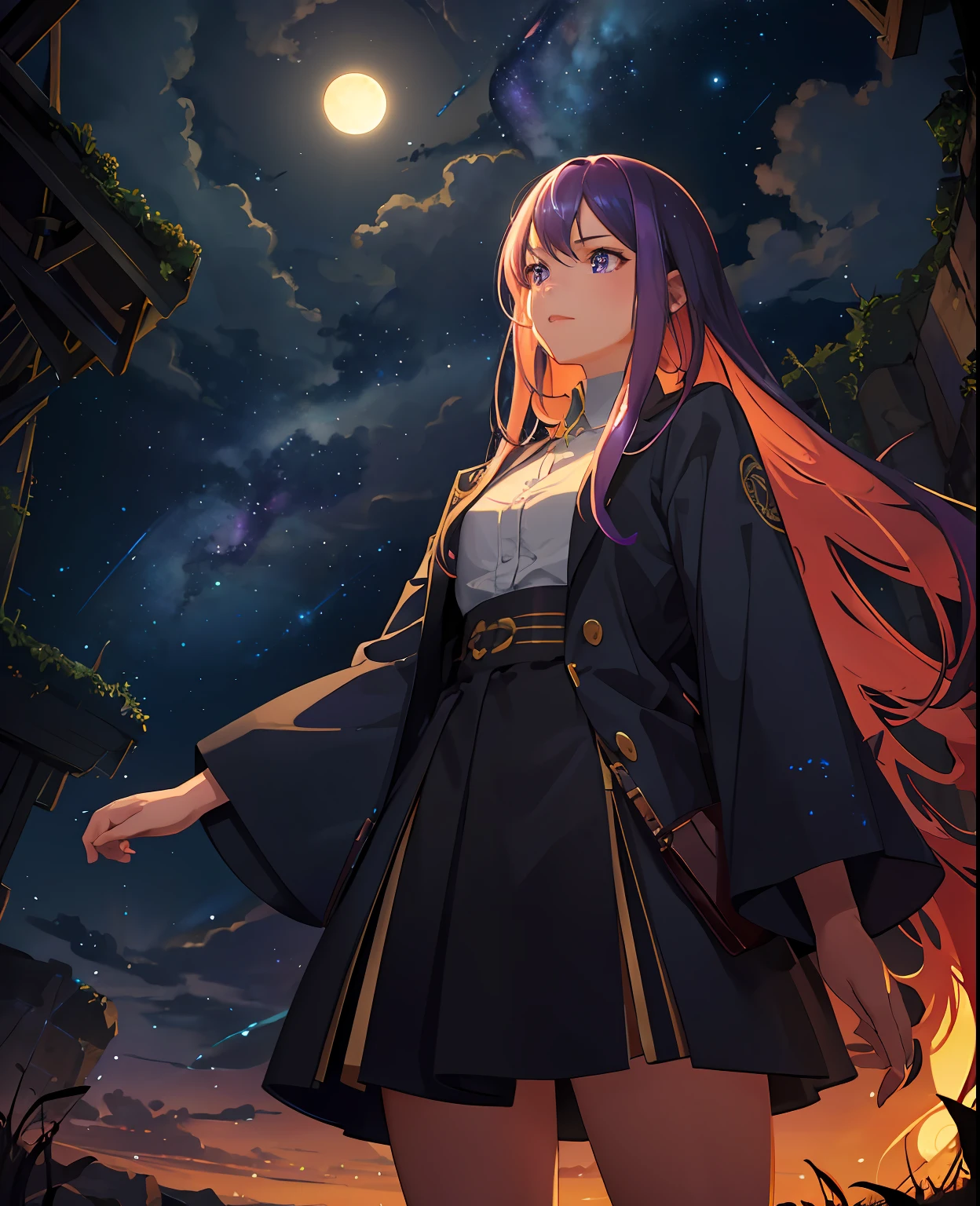 expansive landscape photograph , (a view from below that shows sky above and open field below), a girl standing on flower field looking up, (full moon:1.2), ( shooting stars:0.9), (nebula:1.3), distant mountain, tree BREAK
production art, (warm light source:1.2), (Firefly:1.2), lamp, lot of purple and orange, intricate details, volumetric lighting, realism BREAK
(masterpiece:1.2), (best quality), 4k, ultra-detailed, (dynamic composition:1.4), highly detailed, colorful details,( iridescent colors:1.2), (glowing lighting, atmospheric lighting), dreamy, magical, (solo:1.2)