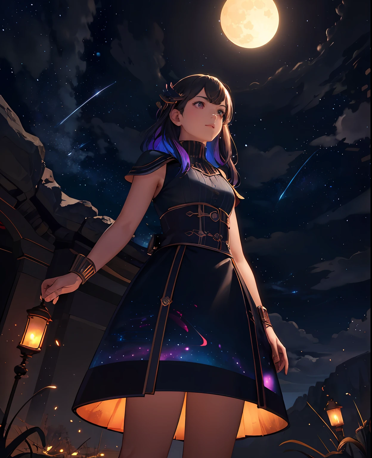 expansive landscape photograph , (a view from below that shows sky above and open field below), a girl standing on flower field looking up, (full moon:1.2), ( shooting stars:0.9), (nebula:1.3), distant mountain, tree BREAK
production art, (warm light source:1.2), (Firefly:1.2), lamp, lot of purple and orange, intricate details, volumetric lighting, realism BREAK
(masterpiece:1.2), (best quality), 4k, ultra-detailed, (dynamic composition:1.4), highly detailed, colorful details,( iridescent colors:1.2), (glowing lighting, atmospheric lighting), dreamy, magical, (solo:1.2)