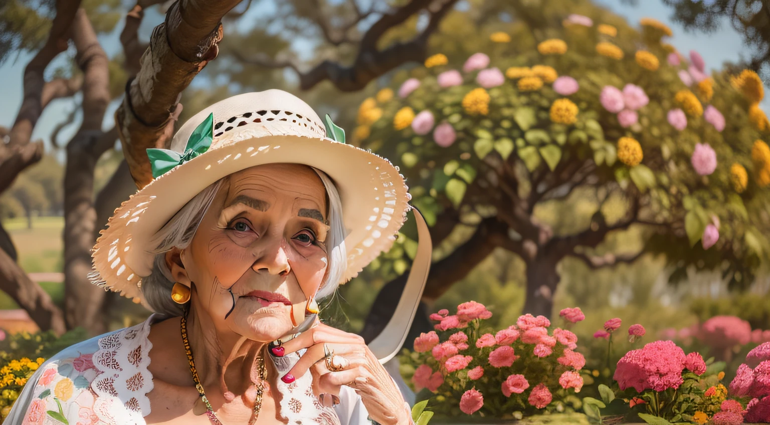 There is an elderly woman in a garden with a hat, with hat, posando em uma arvore de folhas brancas com raios de sol, wearing gorgeous hat, Tiro na Nikon Z9, , Mulher sul-americana bonita, linda mulher brasileira, idosa, vestindo roupas bonitas, wearing huge lace hat.