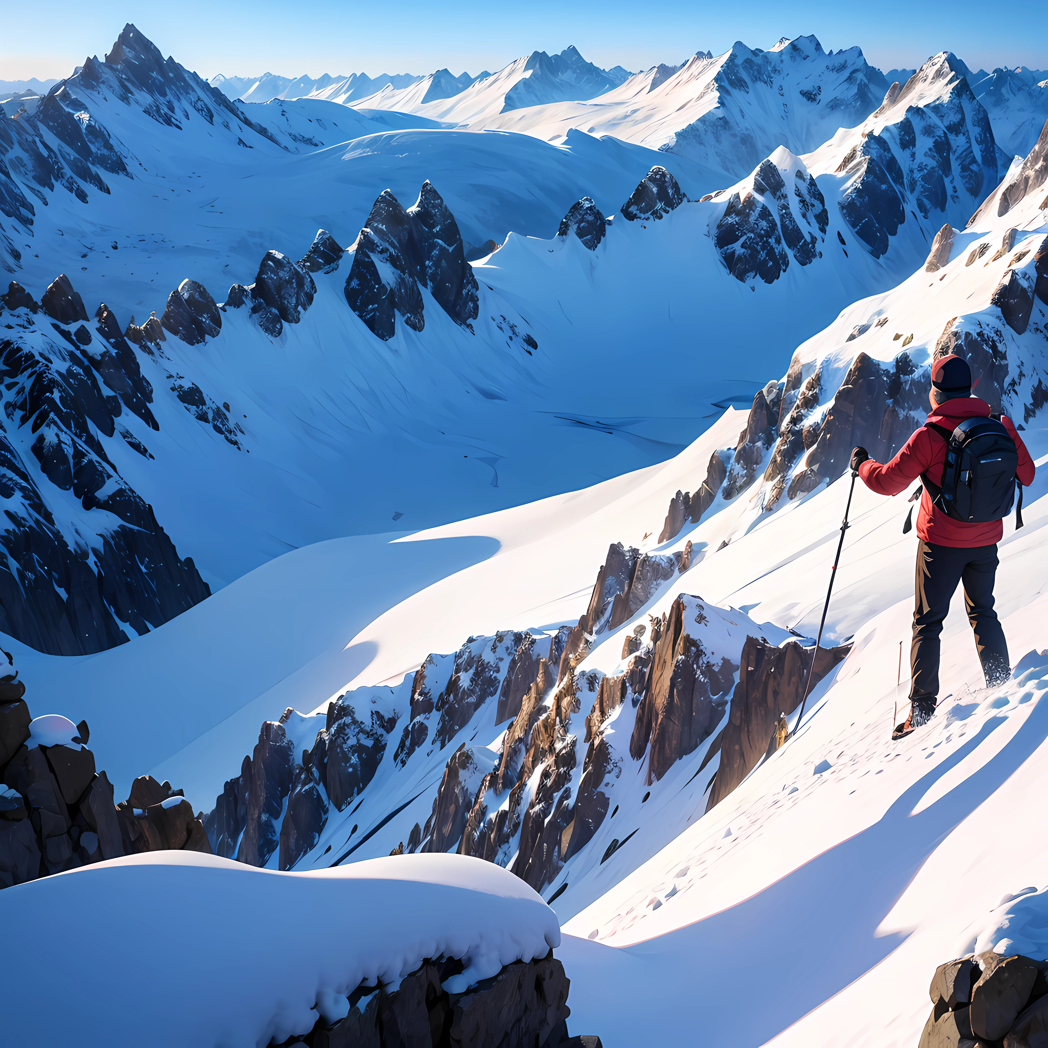 create a photo with guy hiking the full of snow mountain and the guy is close visible in early morning --auto