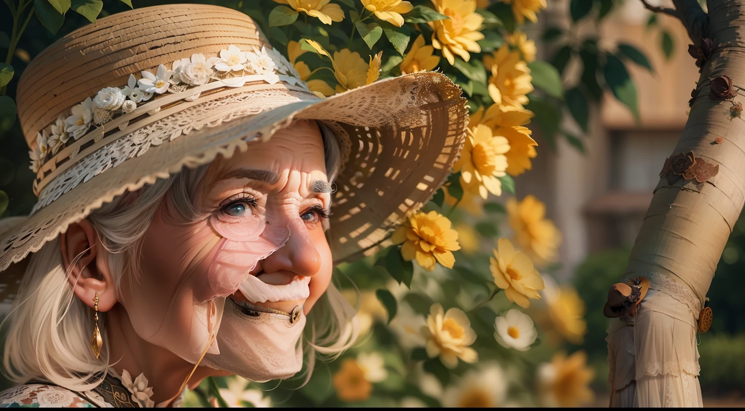 There is an elderly woman in a garden with a hat, with hat, posando em uma arvore de folhas brancas com raios de sol, wearing gorgeous hat, Tiro na Nikon Z9, , Mulher sul-americana bonita, linda mulher brasileira, idosa, vestindo roupas bonitas, wearing huge lace hat.