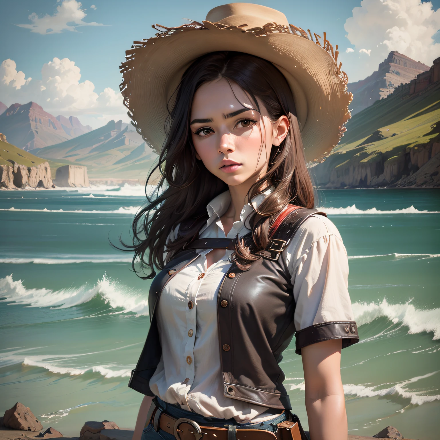 "(((obra maestra))) Estilo de arte Best Western, Clint Eastwood movie style, rustic painting style, Mujer joven, pelirroja, delgada y hermosa con ropa negra y gris desgastada. flotante; dynamic angle and pose; High resolution; [(Paisaje del Salvaje Oeste:1.3), (Western film:1.1)]."