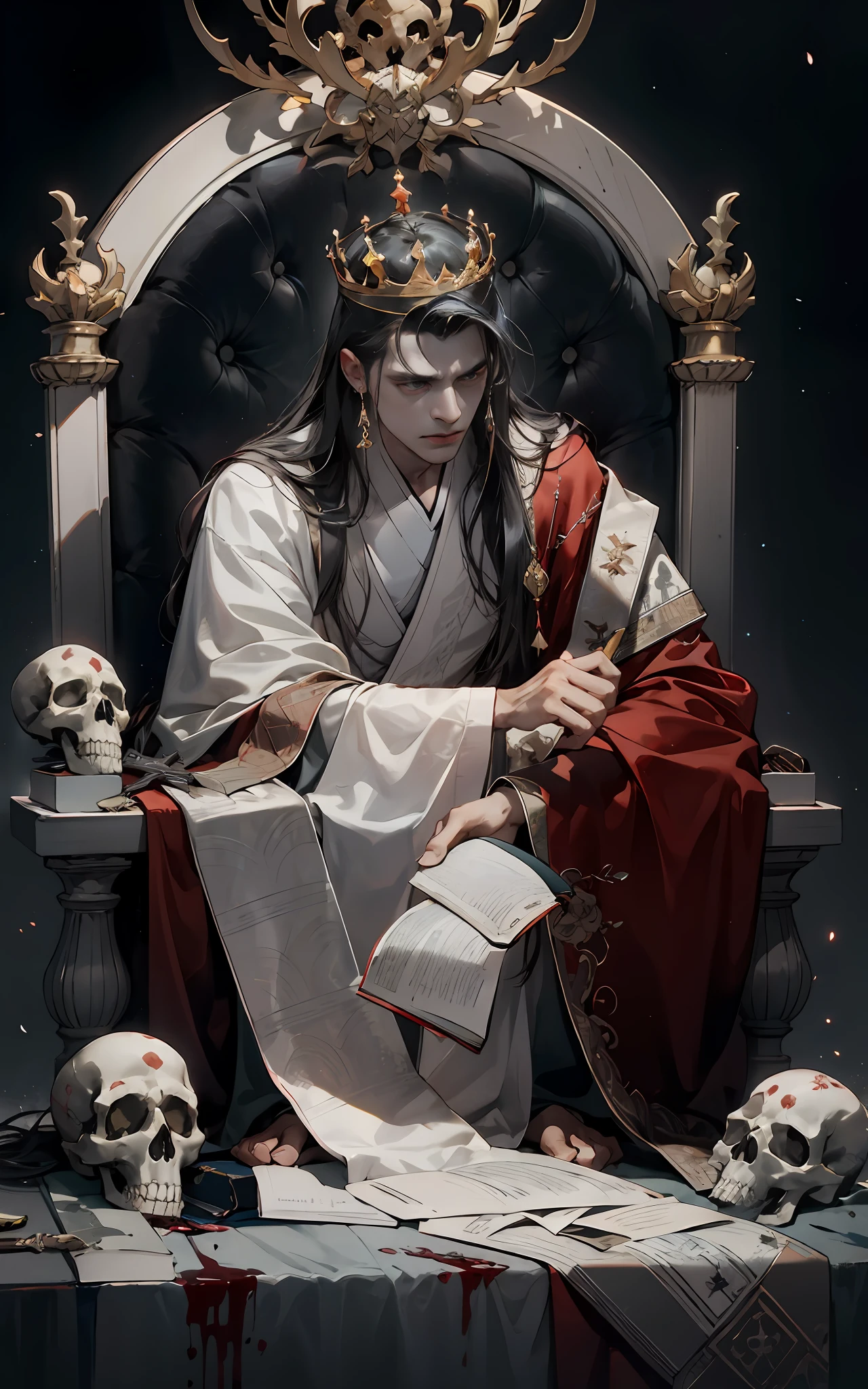 Masterpiece, High quality, solofocus, A king, Full body men, Lao Wang,Emaciated males(Thin),Skinny(As thin as a whipping post),Look tired(Very sad)Looks sad,Looks sad,Book in hand,indisposition,Delicate faces,high-angle, (Perfect face: 1.1) intricate body (High detail: 1.1), A thoughtful expression,Sadgy(Frowning),Black-red eyes(Elongated eyes),There are bloodshot eyes,(Bloodshot eyes),Tired,A man holds a book in his hand(Hold the book,code)helpless,Helplessly,Deep in thought,Sitting on a throne,skeleton head,Loose robe(Black and red)Red robe in black and red tones,Gray-black hair,Gray-black hair,long whitr hair,curly,Gray hair,(with long coiled hair) 8K quality wallpaper, Highly detailed, Fine face,Fine hands,Perfect and meticulous body, (fotorrealista hiper detalhado)