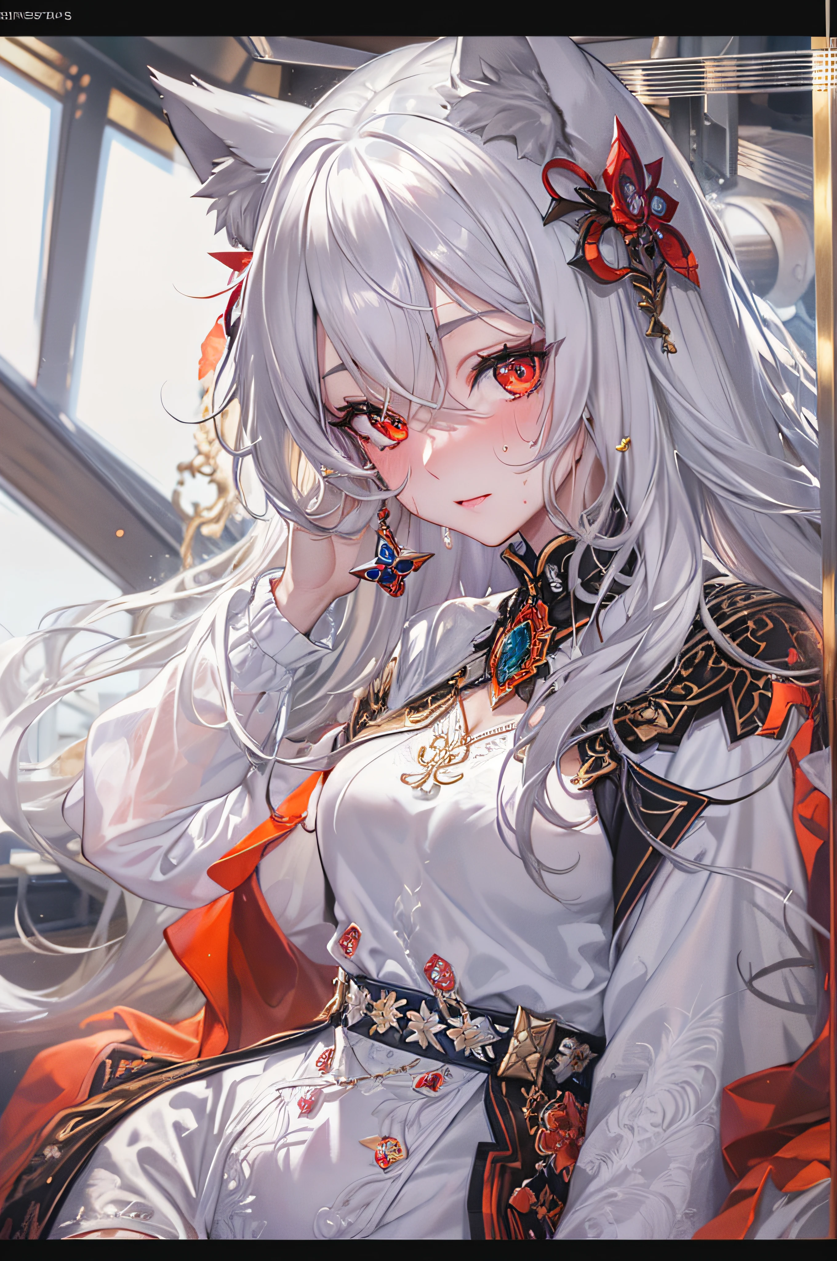 (masterpiece, top quality, best quality, official art, beautiful and aesthetic:1.2), (1girl:1.3), (fractal art:1.3),absurd, masterpiece, best quality, realistic, hyper-detailed, (shiny skin, sweaty:1.4), looking at viewer, slender, 1girl, solo, white sneakers, white miniskirt, long hair, twin tails, princess cut, white hair, red eyes, (thick thighs:0.5), dynamic lighting, high resolution, sharp focus, depth of field, medium breasts, side boob, wolf girl, animal, wolf ears, masterpiece, best quality, ultra-detailed, illustration, ultra-detailed face, best quality face, evil, 18 years old, adult, 1girl, 18 years old, white hair, alchemy outfit, intricate detailed outfit, sexy pose, glowing red dress, cute, kawaii, digital art, finely detailed eyes, blushing, red cheeks