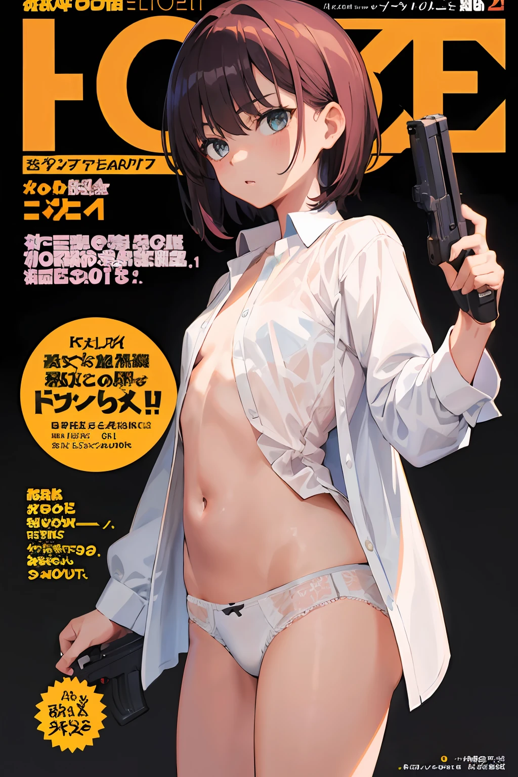 (masterpiece:1.2, best quality), (highly detailed:1.3), (magazine cover), 1girl, 15yo, petite, (white panties), (open shirt), sheer shirt, (holding a gun), serious, black yellow background,