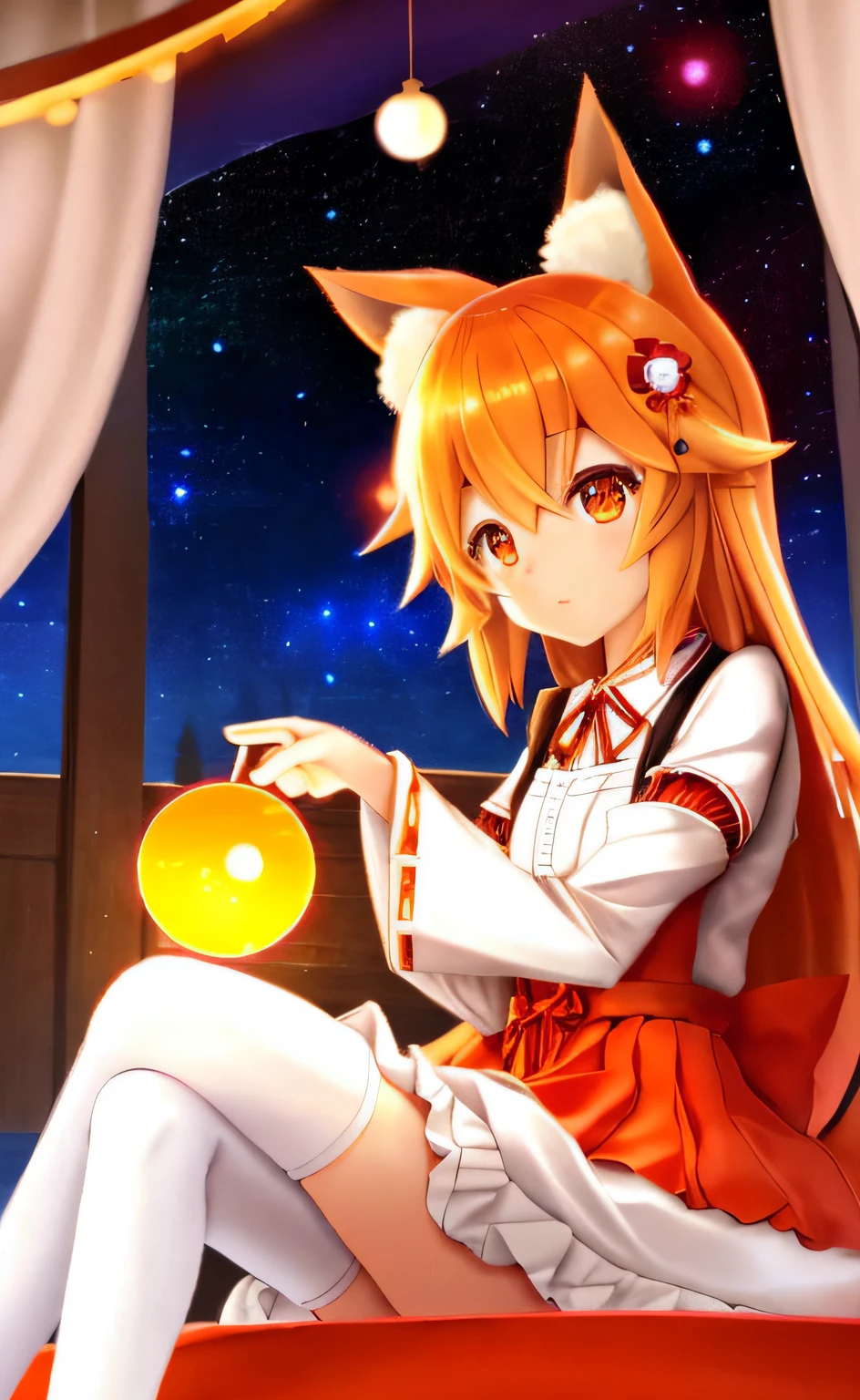 "Senko, adorable ****ta fox girl, sitting on a pillow, cozy, lifelike, mesmerized by a mystical, radiant orange orb containing a miniature galaxy inside. She is holding the orb in her hand."