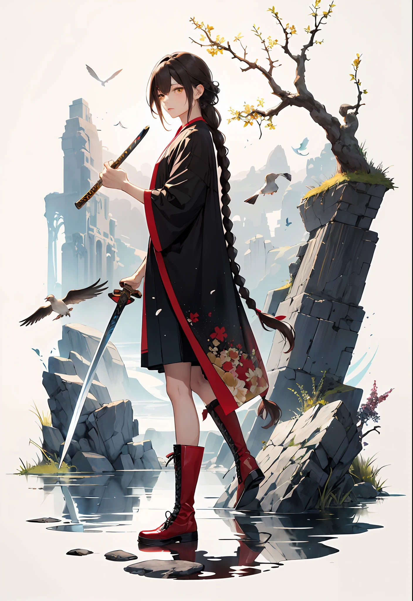 ink ,scenery tangbohu huaniao break
sword ,stone,melting, abstract, dust ,water splash,long hair, boots, 1boy, very long hair, braid, black hair, bug, bird, branch, looking at viewer, yellow eyes, red footwear, brown hair, traditional media,