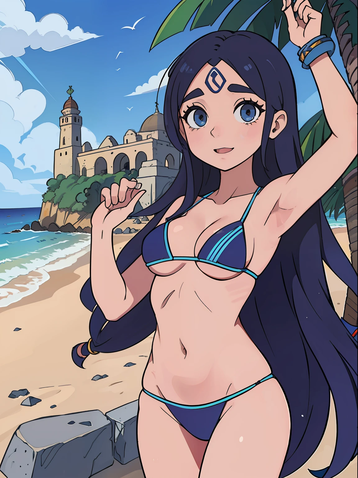 Mulher madura, blue skies, cabelo ondulado preto, olhos azuis, espetacular, sorriso lascivo, cena de corpo inteiro, micro bikini dourado rose, roupas de bruxa, (Fundo detalhados: ancient ruins, Praia), pele brilhante, rosto detalhado, olhos detalhados, anatomia perfeita, camelo, bichano a mostra, virilha inchada, dynamic pose, Approaching perfection, Dynamic, altamente detalhado, (rosto bonito e detalhado, belos olhos detalhados), de frente para o espectador, seductiveexpression,