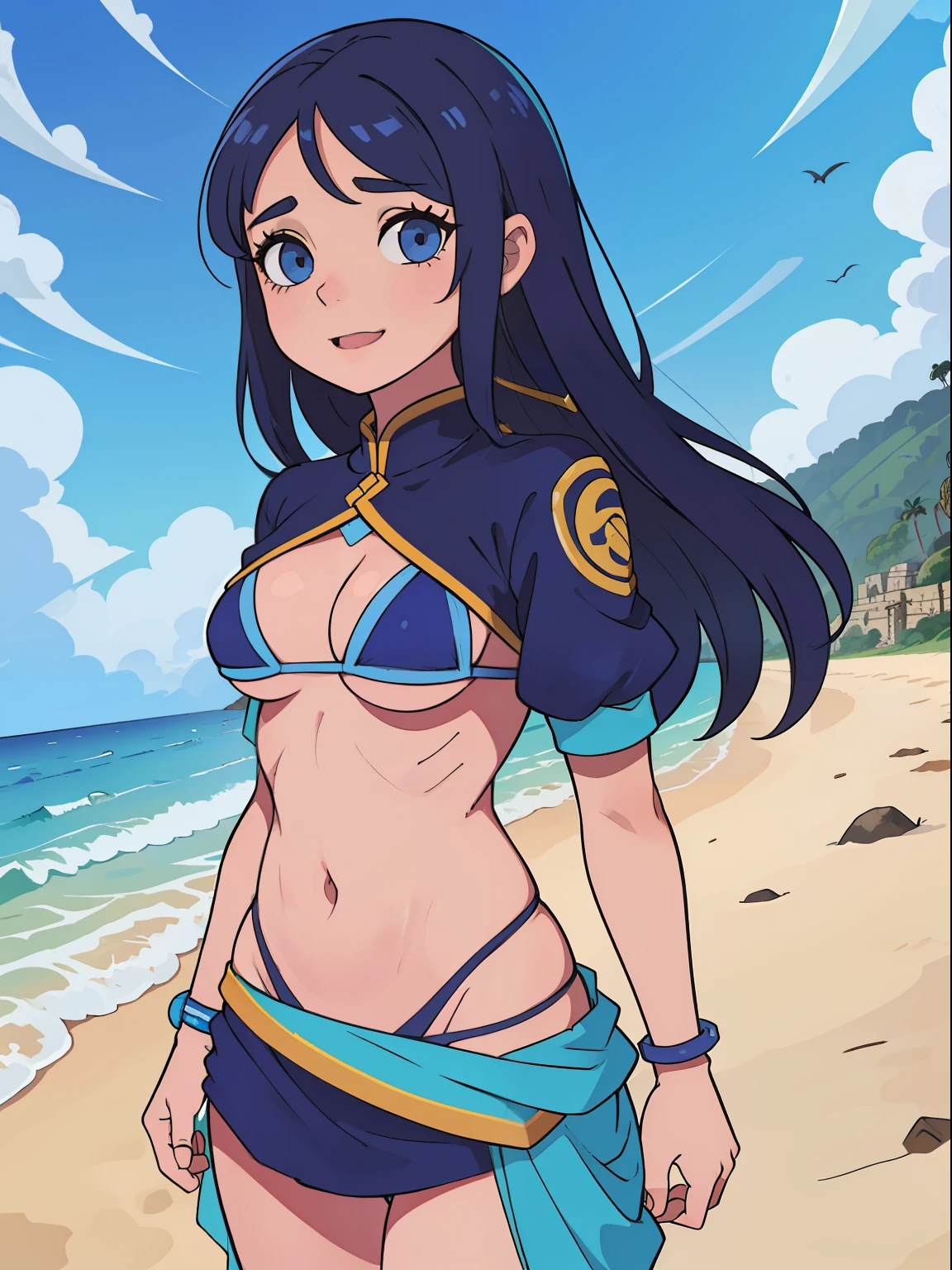 Mulher madura, blue skies, cabelo ondulado preto, olhos azuis, espetacular, sorriso lascivo, cena de corpo inteiro, micro bikini dourado rose, roupas de bruxa, (Fundo detalhados: ancient ruins, Praia), pele brilhante, rosto detalhado, olhos detalhados, anatomia perfeita, camelo, bichano a mostra, virilha inchada, dynamic pose, Approaching perfection, Dynamic, altamente detalhado, (rosto bonito e detalhado, belos olhos detalhados), de frente para o espectador, seductiveexpression,