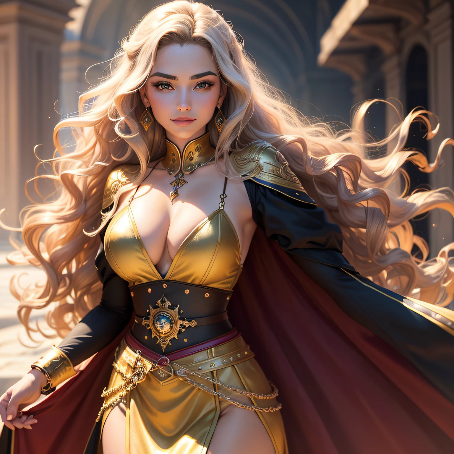 master part, beleza elegante e delicada, 1 girl, Vista frontal da face, Realistic, nariz redondo, face oval, wavy hair half back, Sorriso Olho com Olhar Valente, Security dressed, Fantastic gold belt with royal magic costume, wearing gold watch on right wrist,fundo da natureza.