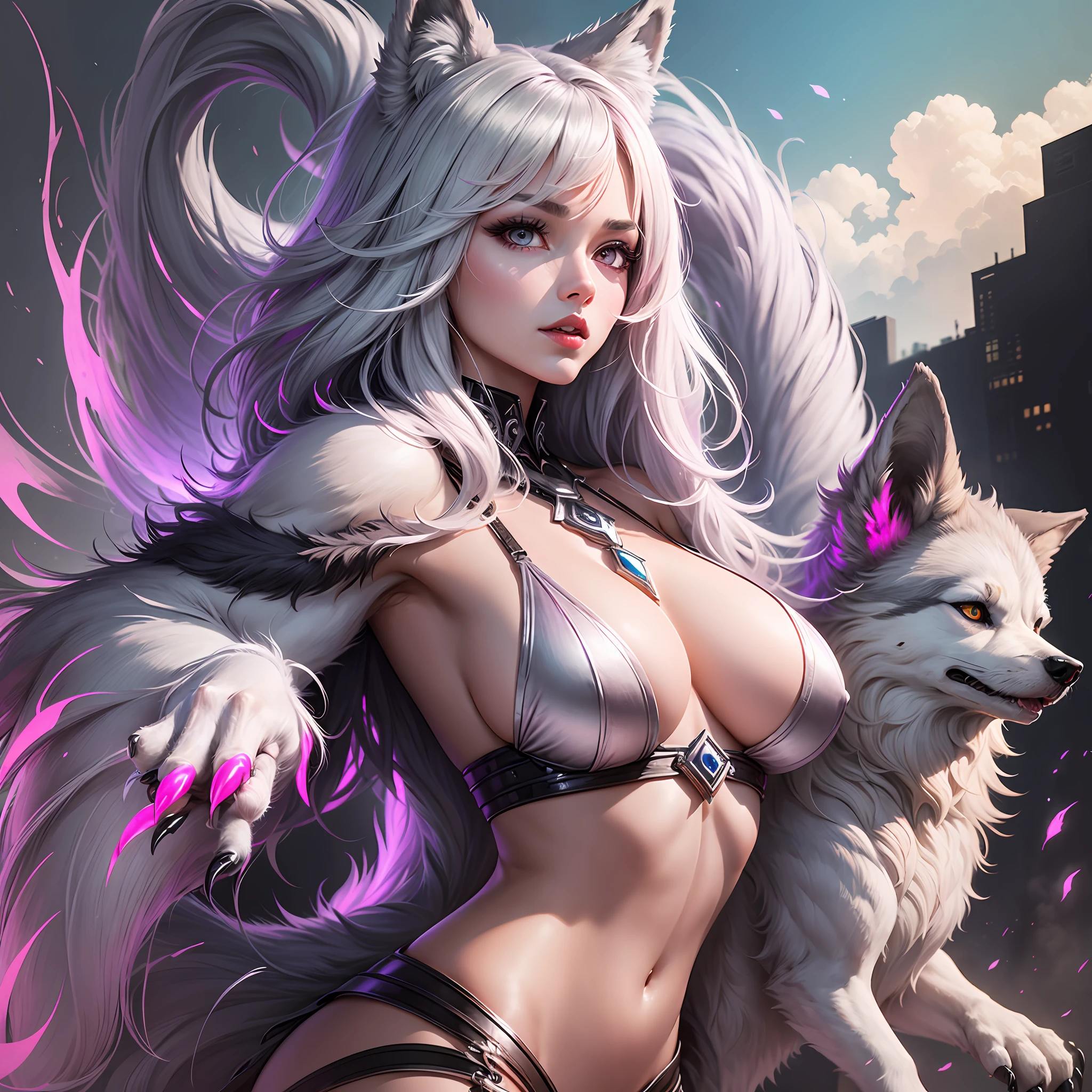 female body wolf, purple fur, long silver claws, arms outstretched, howl humain face, black skin, pink eyes, pink lips, prominent silver canine --auto --s2