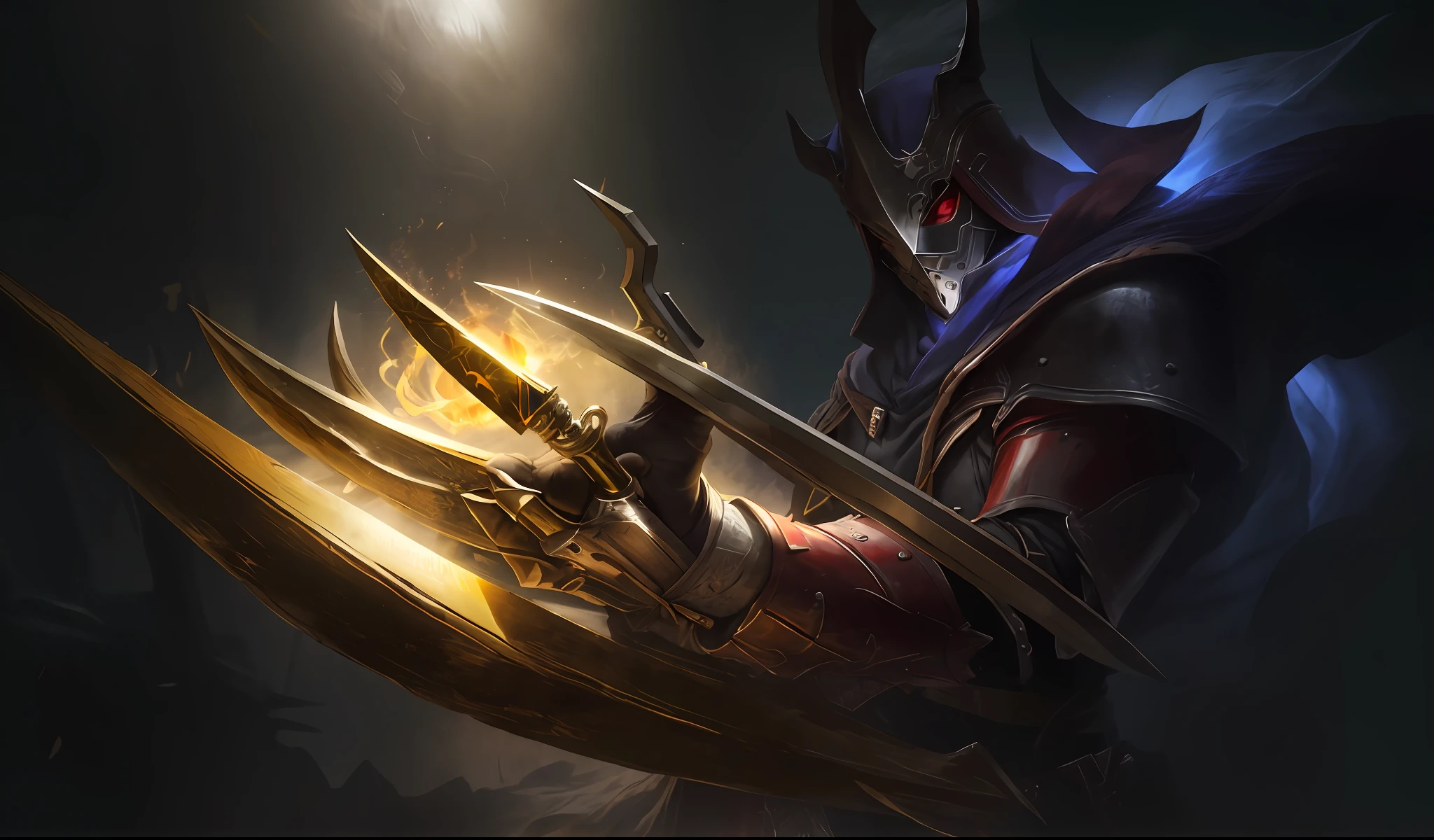 Escuro, sinistro, alto, Ultra-realistic assassin wearing a metal mask with bright red eyes of dark and light armor, with a discreet red cape behind, with sharp daggers in their arms, Caminhando em uma aldeia em chamas;, (intrincado: 1.4) (obra-prima: 1.4) (illustration: 1.4), red studio lighting, Post-processing, 8K分辨率, fundo escuro, imponente , fotos meticulosamente compostas