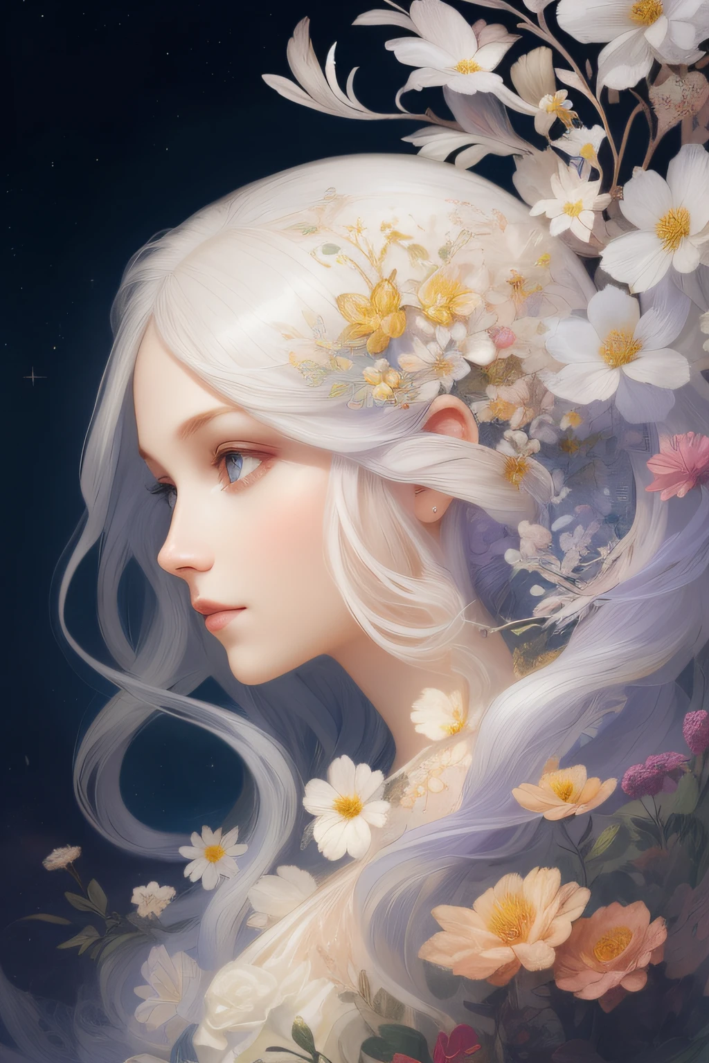 ((gorgeous princess)), (with long flowing white hair), (bright and beautiful eyes), (side profile), trend on art station, flower of hope by Jean-Honor Fragonard, Peter mohrbacher, super Detailed, crazy detail, stunning, intricate, elite, art nouveau, ornate, liquid wax, elegant, luxurious, Greg Rutkowski, ink style, sticker, vector art beautiful character design, double exposure shot, luminous design, winning entry, masterpiece, amoled black background,
