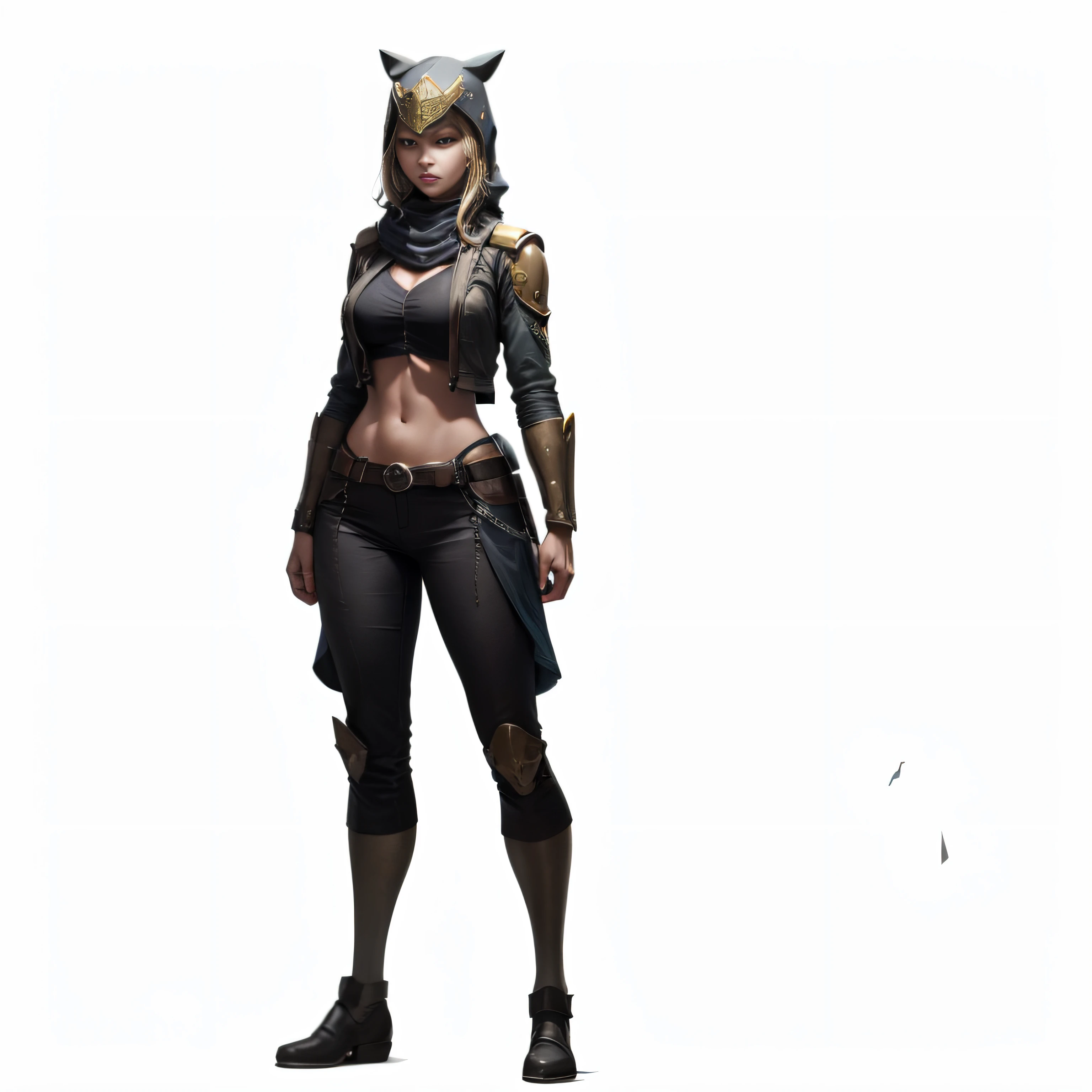 a woman in a black outfit and a cat mask, (Fundo branco) valkyrie style character, conceito de corpo inteiro, personagem feminina, Arte conceitual de personagens 8k, Arte conceitual de personagens 8K, arte conceitual de personagem de corpo inteiro, arte conceitual de corpo inteiro, arte conceitual detalhada de corpo inteiro, full body character concept, personagem posando para arte conceitual, personagem starfinder, personagem de arte conceitual, vestindo armadura de gato dourado