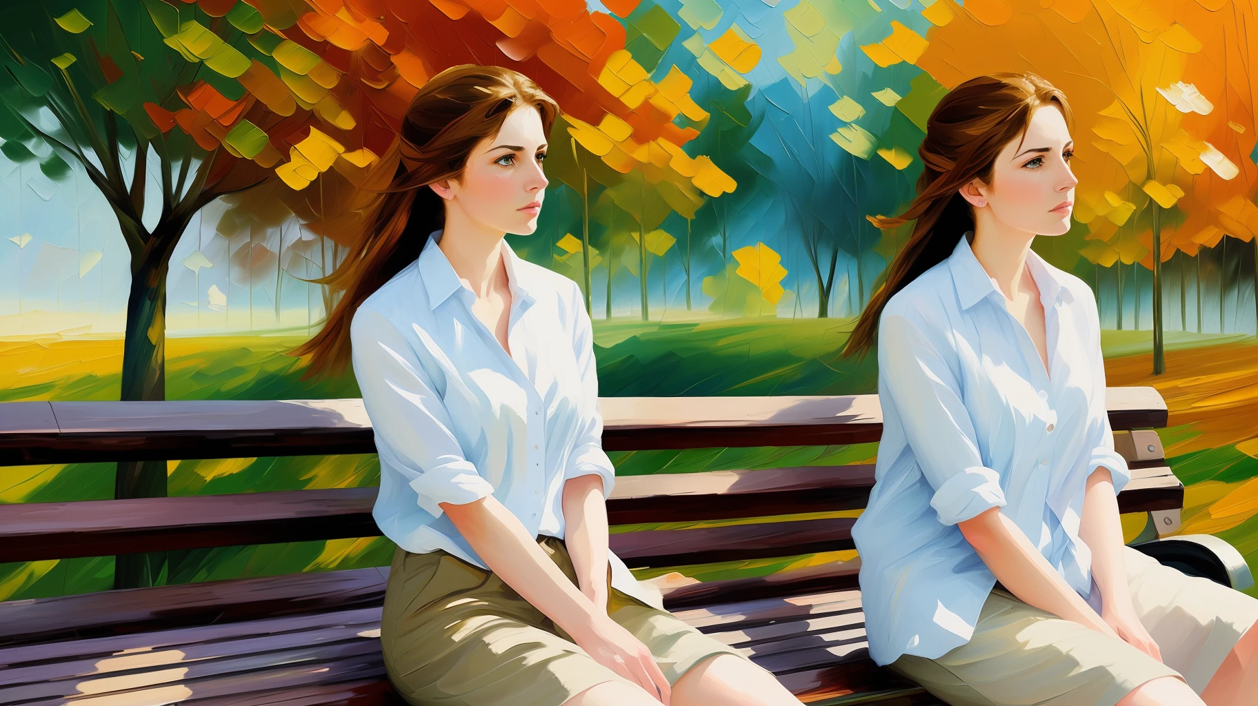 Ultra-detailed woman, (looking thoughtfully into the distance:1.4), in the park, sitting on a bench, full body, outdoors, (not looking at the camera:1.7), (adjusting hair:1.5), (short open shirt:1.2), solo, beautiful detailed sky, (closed mouth), small breasts, beautiful detailed eyes, floating hair, NSFW, seminude bosom, saliva, style-empire, by Alex Huguet, Mike Hill, Ian Spriggs, JaeCheol Park, Marek Denko, picture painted in impressionist style, brushstroke painting technique, palette knife painting, an expressive oil painting, Leonid Afremov