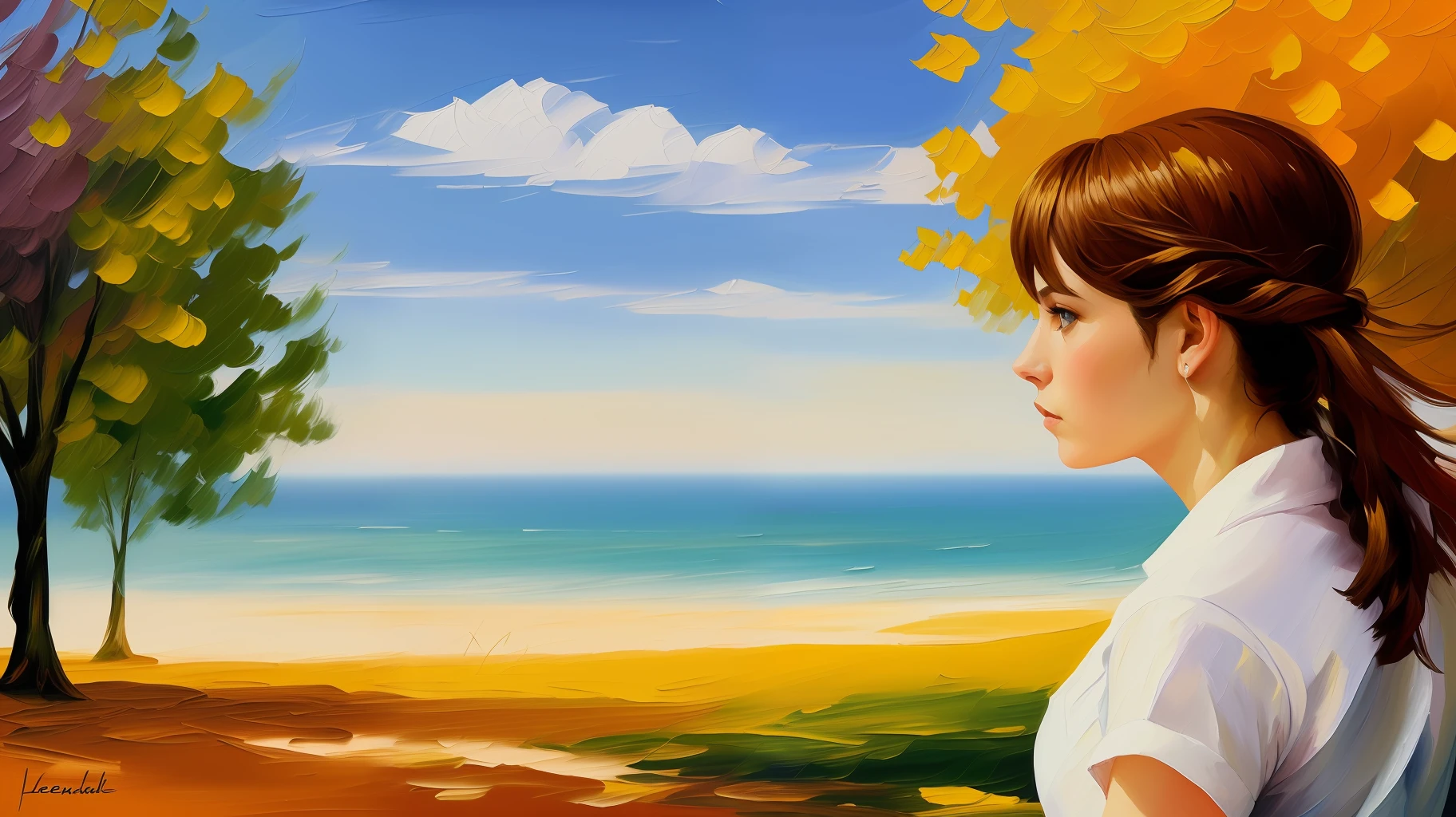 Ultra-detailed woman, (looking thoughtfully into the distance:1.4), in the park, sitting on a bench, full body, outdoors, (not looking at the camera:1.7), (adjusting hair:1.5), (short open shirt:1.2), solo, beautiful detailed sky, (closed mouth), small breasts, beautiful detailed eyes, floating hair, NSFW, seminude bosom, saliva, style-empire, by Alex Huguet, Mike Hill, Ian Spriggs, JaeCheol Park, Marek Denko, picture painted in impressionist style, brushstroke painting technique, palette knife painting, an expressive oil painting, Leonid Afremov
