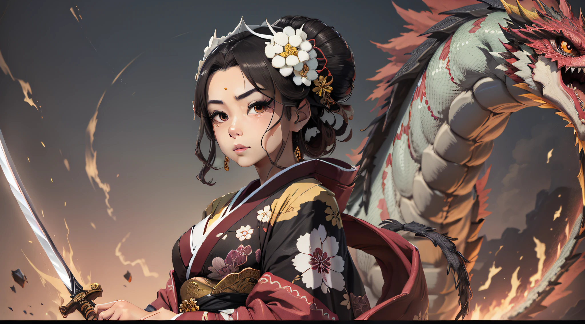 2D animation of a geisha wearing a black kimono holding a ninja sword facing a dragon rich in highly defined details ((obra-prima))