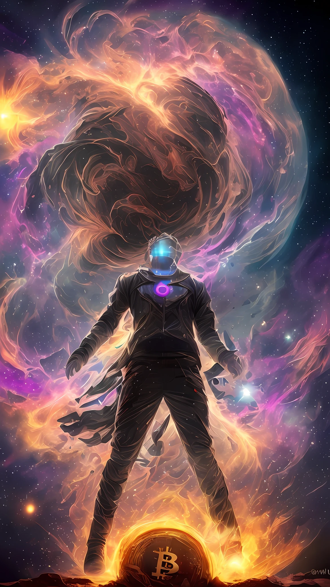 inconceivable and spectacular a scene of emergence of a figure from the glowing bitcoin cloud, fractal nebula threads, cosmic entities having bitcoin, celestial, cosmic with bitcoin, vibrant and vivid, swirls, twirling, unrealistic, high contrast, symobolism, magical, mystical, mystifying, hyperrealistic, oversaturate, colorfully,add bitcoin logo