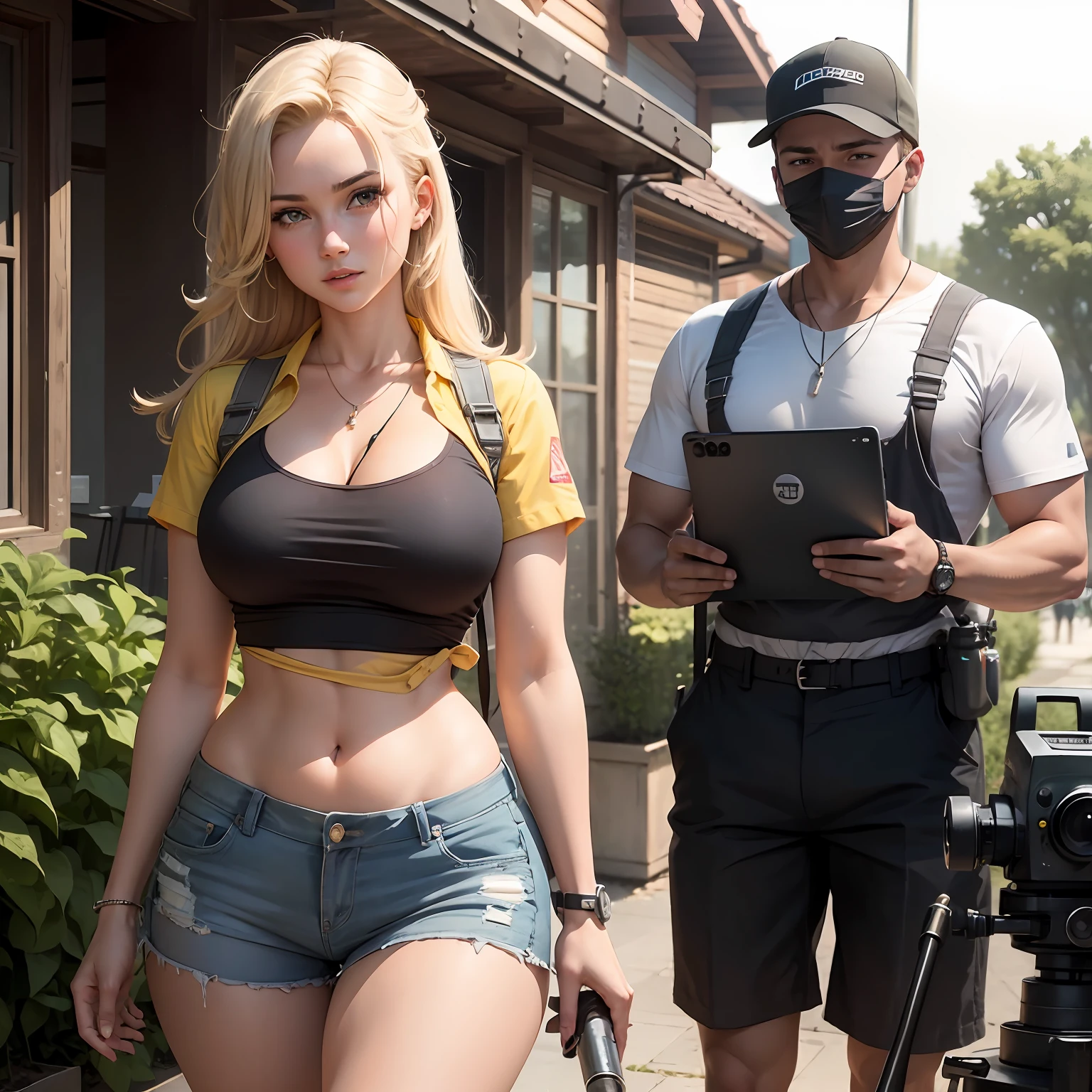 young male surveyor working with an old Topccon Total Station, In a typical outdoor setting he is caught watching curvy blonde woman beautiful hips beautiful in shorts and low waisted and a very short transparent shirt walking very close. hiperrealista