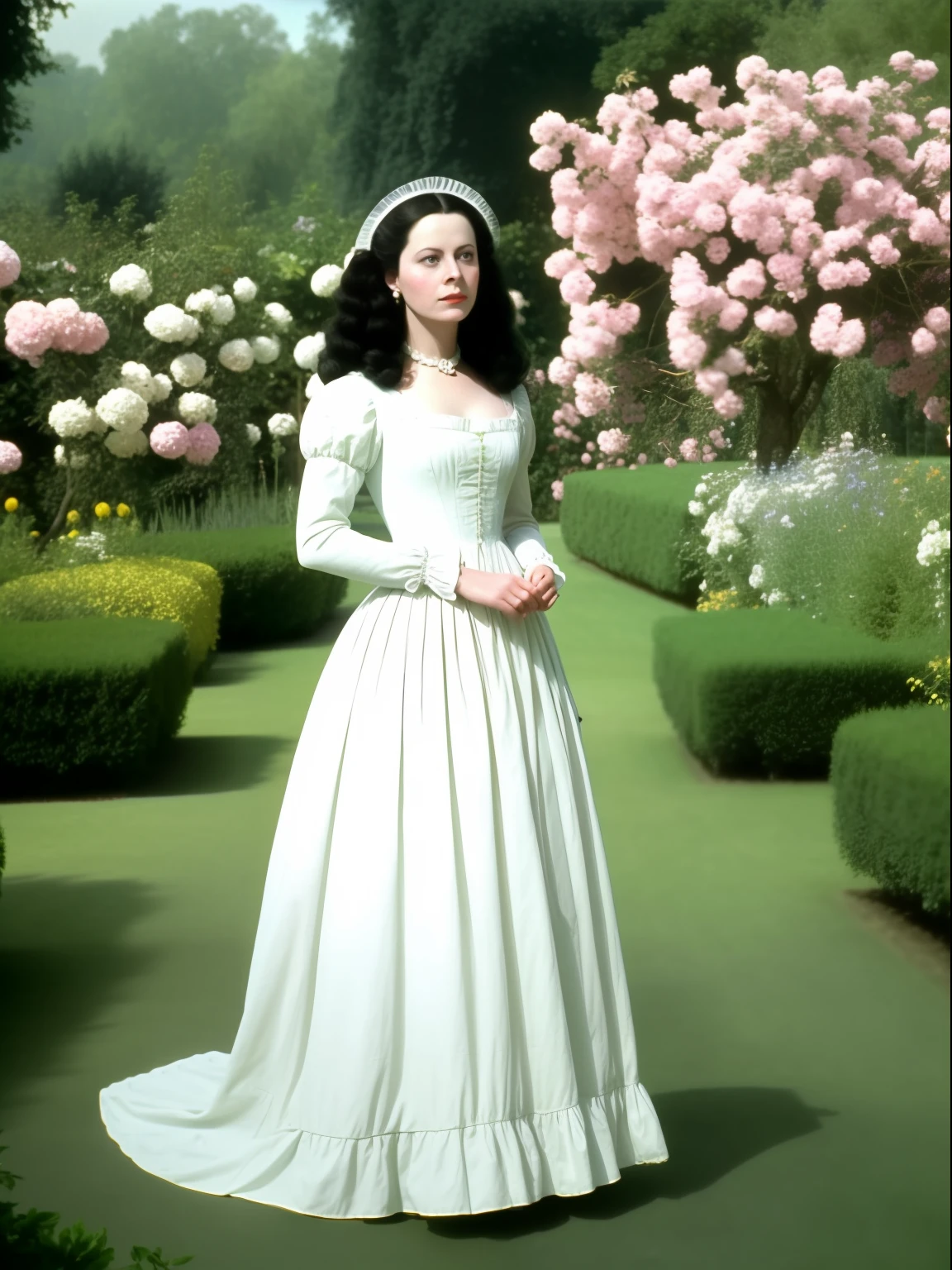 close up, the 90s movie scene, a young woman in white dress standing in a garden at regency period, a scene movie shot by Chen jiru, featured on tumblr, aestheticism, history movie, beauty woman, movie still, 1990s movie style, look like Hedy Lamarr, film grain, fashion in the 18th century, background in the 18th century