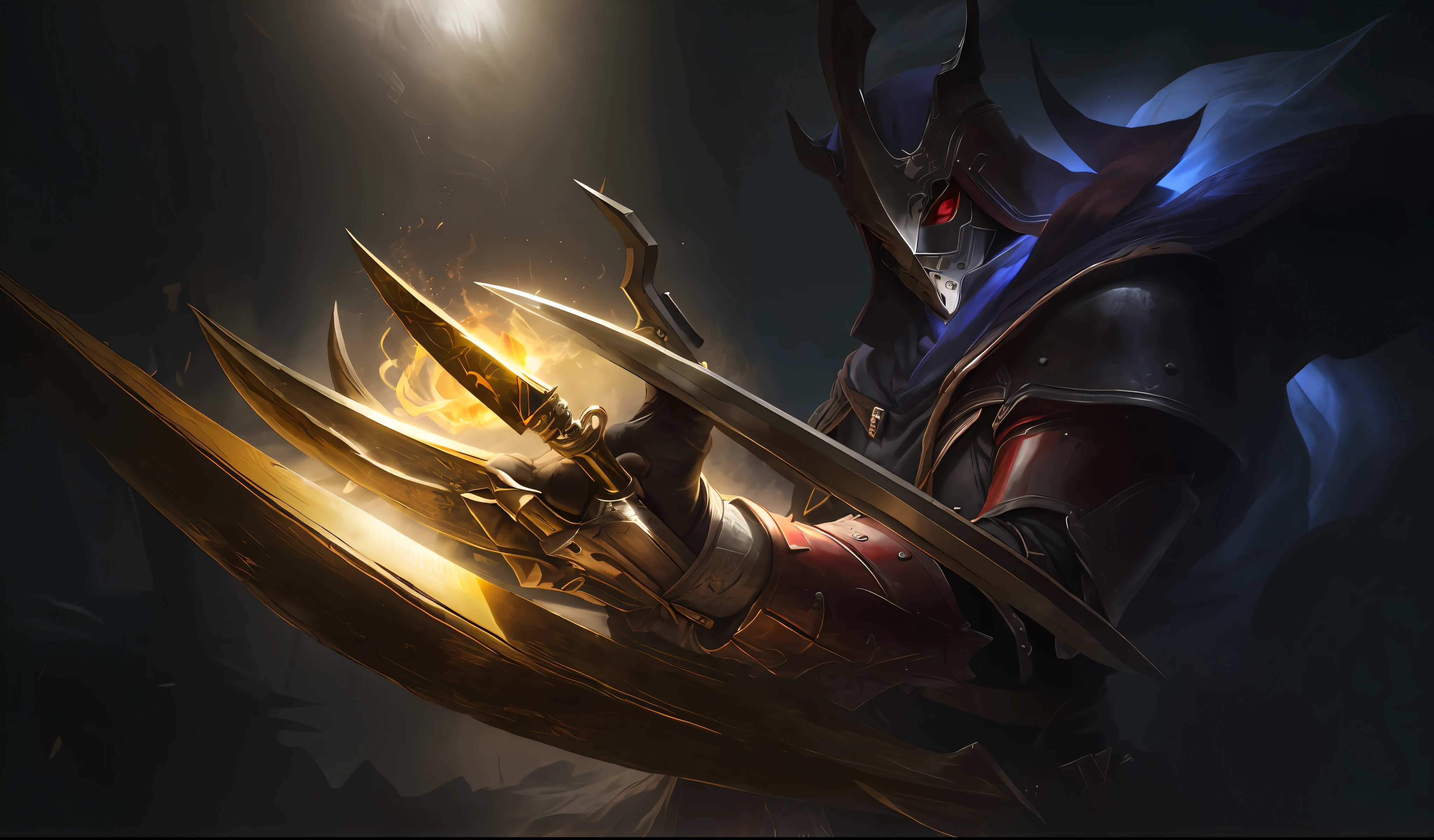 Escuro, sinistro, alto, Ultra-realistic assassin wearing a metal mask with bright red eyes of dark and light armor, with a discreet red cape behind, with sharp daggers in their arms, Caminhando em uma aldeia em chamas;, (intrincado: 1.4) (obra-prima: 1.4) (illustration: 1.4), red studio lighting, Post-processing, 8K分辨率, fundo escuro, imponente , fotos meticulosamente compostas