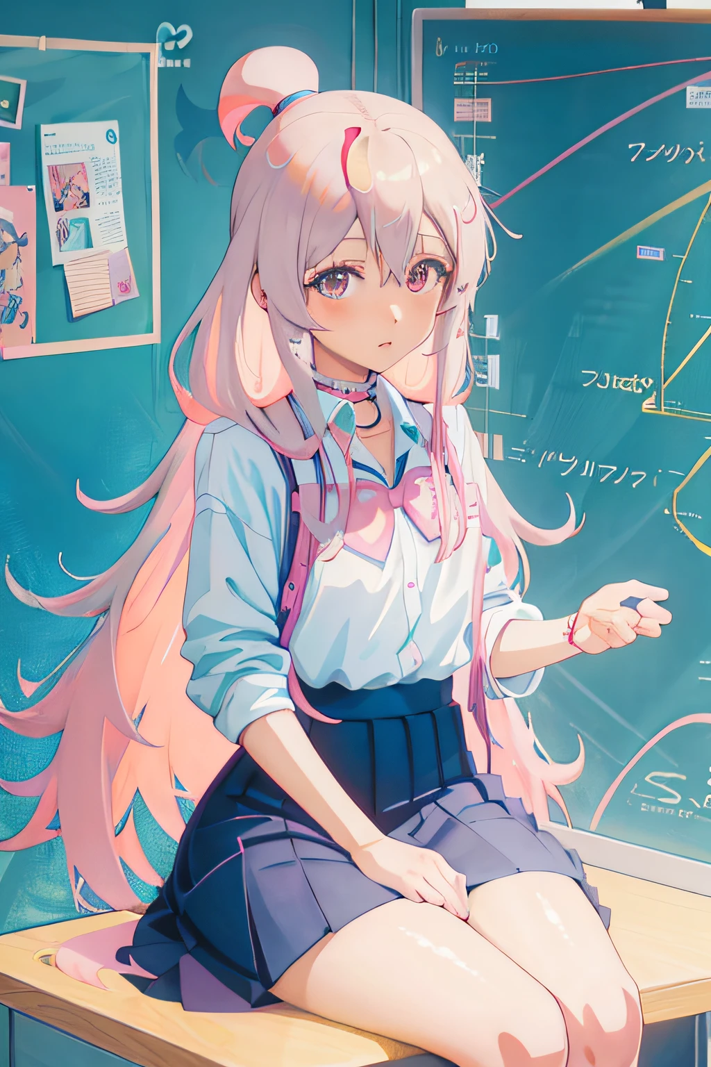 Anime girl with pink hair sitting on table in school uniform, Smooth anime CG art, Beautiful Anime High School Girls, Anime girl with long hair, Surrealism female students, Realistic schoolgirl, seductive anime girls, Surrealism female students, Cute anime girl, up of young anime girl, Anime art wallpaper 8 K, attractive anime girls, Beautiful anime girl,Oyama Makoto,1girll