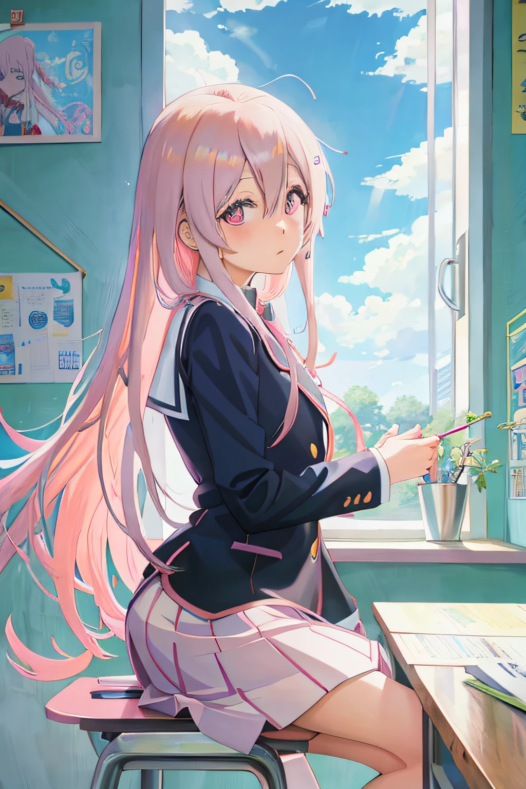 Anime girl with pink hair sitting on table in school uniform, Smooth anime CG art, Beautiful Anime High School Girls, Anime girl with long hair, Surrealism female students, Realistic schoolgirl, seductive anime girls, Surrealism female students, Cute anime girl, up of young anime girl, Anime art wallpaper 8 K, attractive anime girls, Beautiful anime girl，Oyama Makoto，1girll