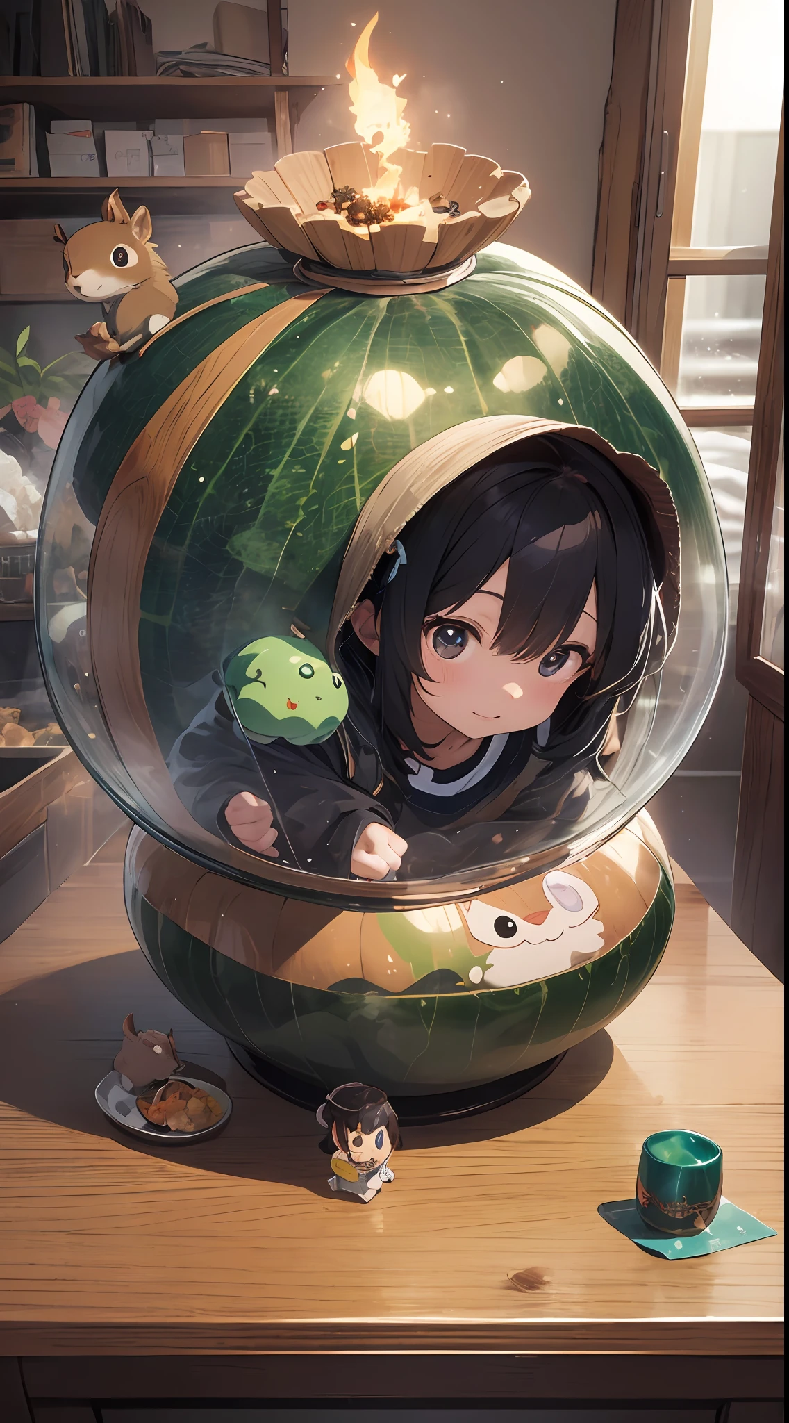 Moriyuki Murakami(Seiji Murakami)「Large incense burner with winter melon」:This work is、It was created by Moriyuki Murakami, who was a metalworker.、The scene depiction that captures the momentary battle and defense of the squirrel and spider nestling up to the winter melon is superb.。In this image、Referring to this Murakami Moriyuki's winter melon large incense burner、Behind her put a float in the shape of a winter melon。pure、On the float is a stuffed squirrel and a spider.、You can see how she was playing.。