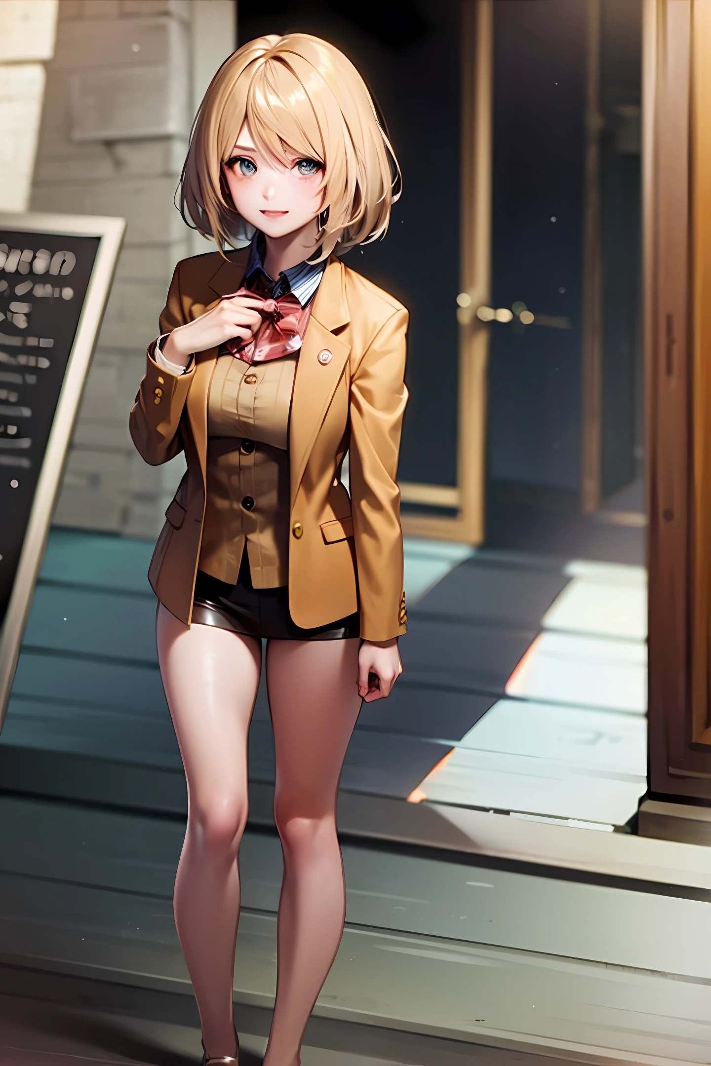 Girl, blonde, breet, beige jacket, nerd, Black blouse, anime