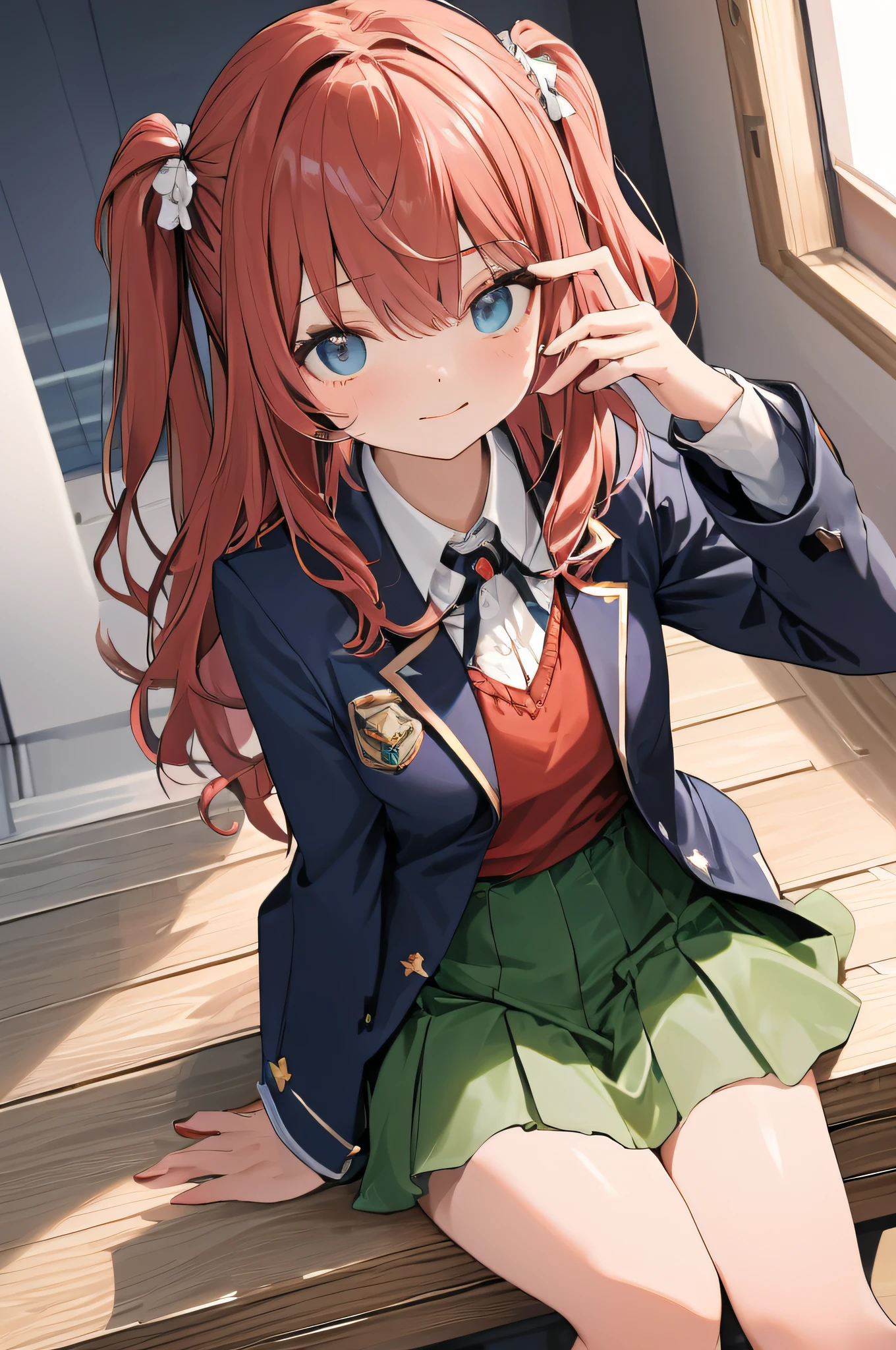 （tmasterpiece：1.2）， best qualtiy， A high resolution， Unity 8k Wallpapers， （illustratio：1.0）， （美丽细致的眼睛：1.6）， Extremely detailed face， perfect litthing， extremaly detailed cg， （perfect hand，perfect anatomia）， （Dynamic angles and poses：1.3）， Nice angle， （1girll， 独奏：1.5）， Breaking Nakano January， a skirt， Star hair ornaments， long whitr hair， （green skirt：1.2）， red hair， jaket， （pleatedskirt：1.2）， eBlue eyes， ahoge， The shirt， White  socks， white  shirt， （Red sweater 1.6）， looking at viewert， 校服， By bangs， collared shir， （Open your clothes， Open the jacket：1.4）， longer sleeves， knees， black black jacket， Sweaters， mini-skirts， blazer jacket， shinny hair， hair between eye， blue jacket， shiny， Wing collar， nedium ???????， cheerfulness， sweat leggs， Keep one's mouth shut， BREAK BREAK BREAK （mansion：1.4）， （Bedrooms：1.4），Oyama Makoto