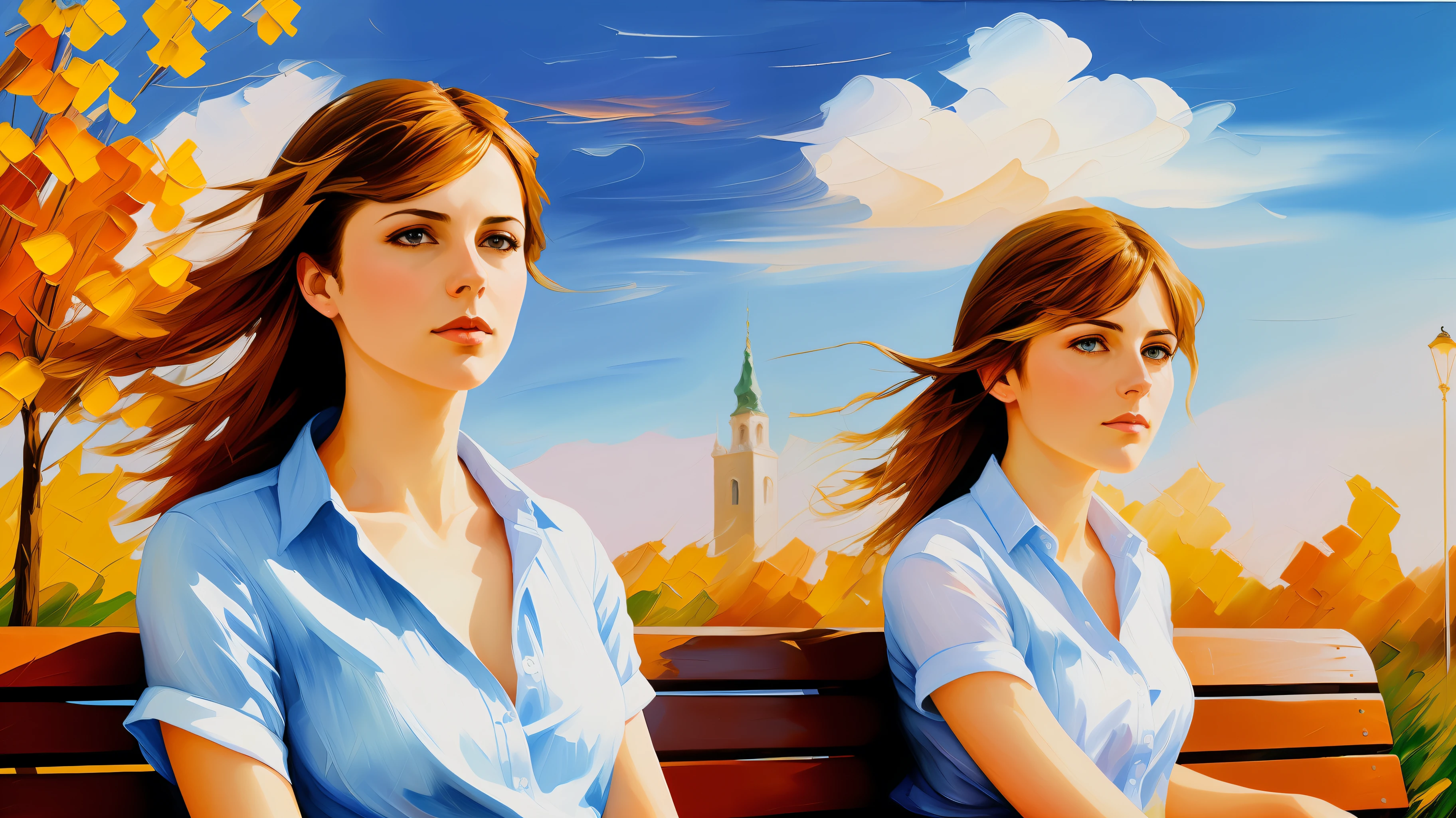 Ultra-detailed woman, (looking thoughtfully into the distance:1.4), in the park, sitting on a bench, full body, outdoors, (not looking at the camera:1.7), (adjusting hair:1.5), (short open shirt:1.2), solo, beautiful detailed sky, (closed mouth), small breasts, beautiful detailed eyes, floating hair, NSFW, seminude bosom, saliva, style-empire, by Alex Huguet, Mike Hill, Ian Spriggs, JaeCheol Park, Marek Denko, picture painted in impressionist style, brushstroke painting technique, palette knife painting, an expressive oil painting, Leonid Afremov