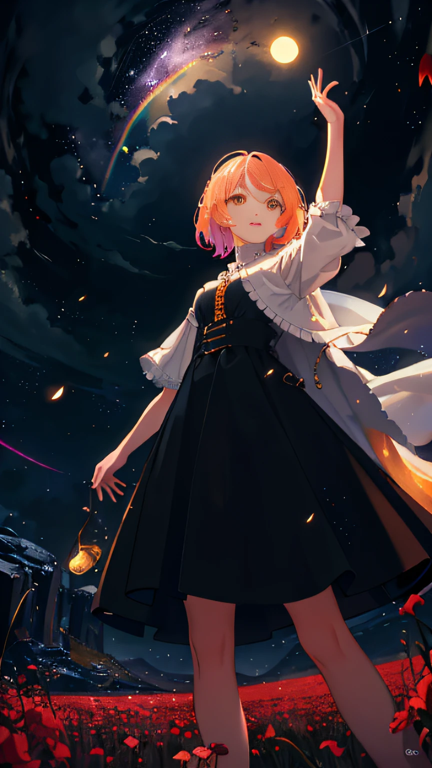 Vast landscape photo, (viewed from below, the sky is above and the open field is below), a girl standing on a flower field looking up, (full moon: 1.2), (meteor: 0.9), (nebula: 1.3), distant mountains , Trees BREAK Crafting Art, (Warm Light: 1.2), (Fireflies: 1.2), Lights, Lots of Purple and Orange, Intricate Details, Volumetric Lighting, Realism BREAK (Masterpiece: 1.2), (Best Quality), 4k, Ultra-Detailed, (Dynamic Composition: 1.4), Very Detailed, Colorful Details, (Rainbow Colors: 1.2), (Glow Lighting, Atmospheric Lighting), Dreamy, Magical, (Solo: 1.2)