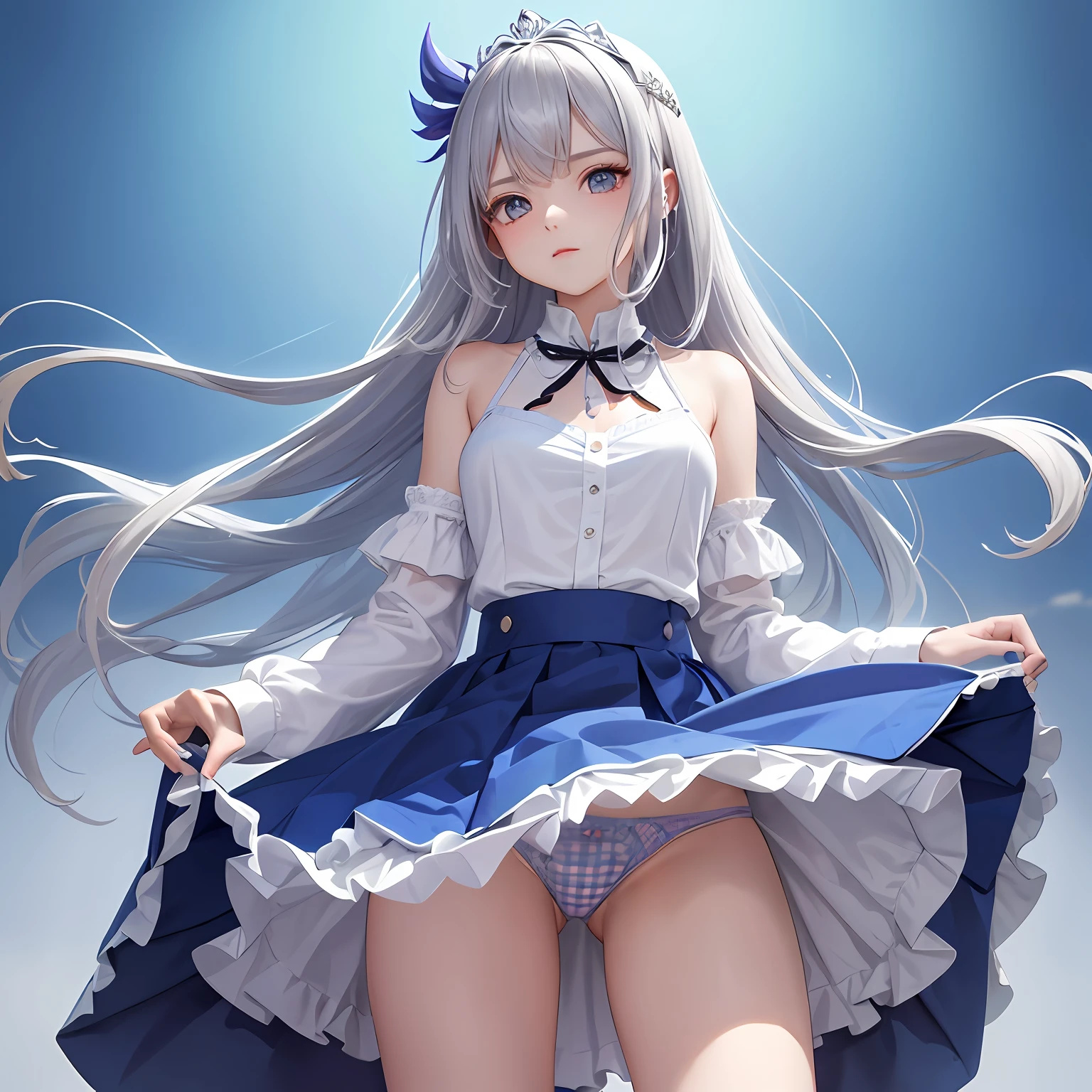 1girl in, (masutepiece:1.1), (Best Quality:1.1), (White blouse:1.1), (checkered skirt:1.1), student clothes, high waist skirt, BREAK [Blue:Pink:0.5] theme, (Gradient background :1.1), Cowboy Shots, Break Silver Hair, length hair, , verd s eyes, Intricate and detailed tiaras, sideways Facing,wind lift,(Panties:1.2),((open shirt)),white bra --auto