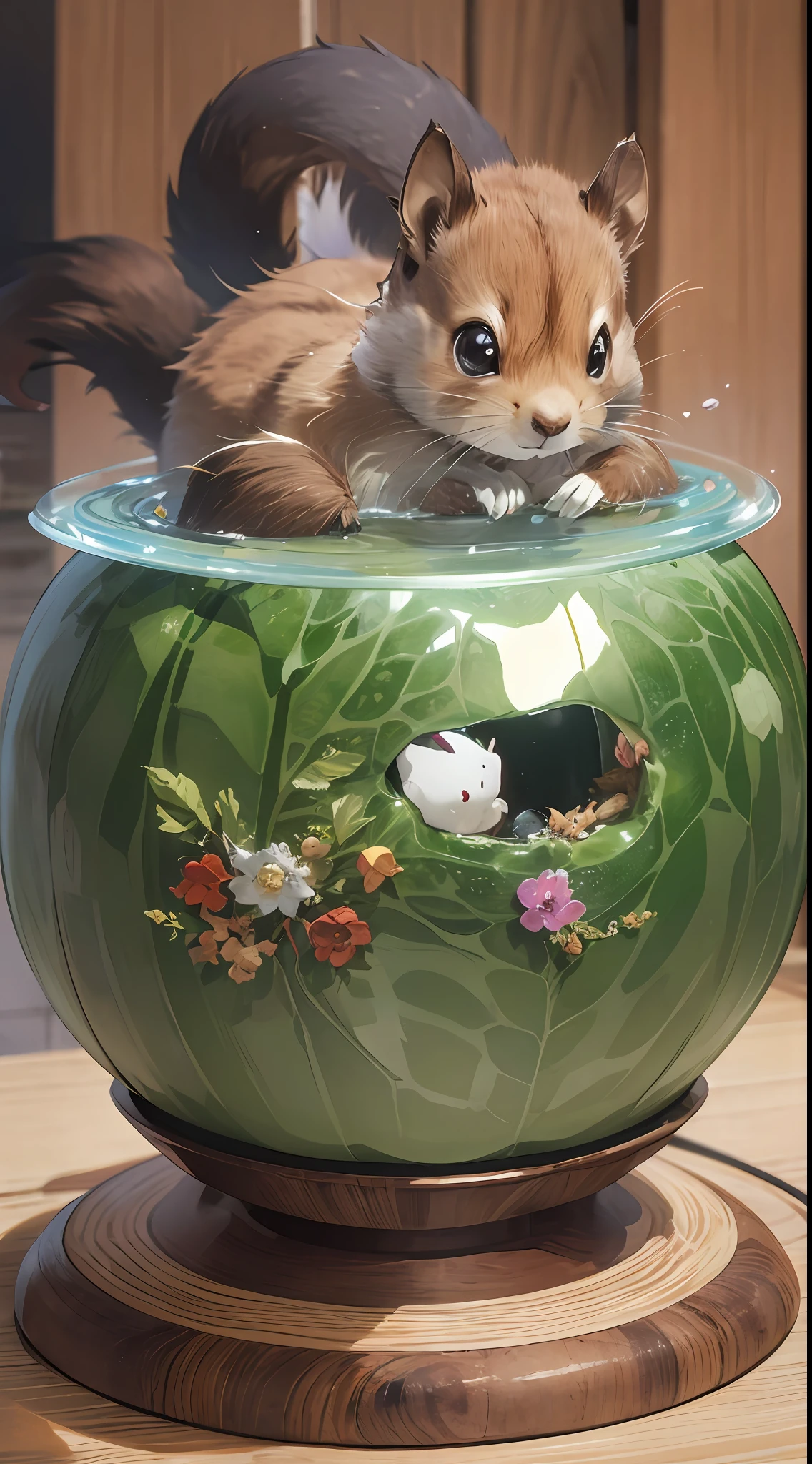 Moriyuki Murakami(Seiji Murakami)「Large incense burner with winter melon」:This work is、It was created by Moriyuki Murakami, who was a metalworker.、The scene depiction that captures the momentary battle and defense of the squirrel and spider nestling up to the winter melon is superb.。In this image、Referring to this Murakami Moriyuki's winter melon large incense burner、Behind her put a float in the shape of a winter melon。pure、On the float is a stuffed squirrel and a spider.、You can see how she was playing.。