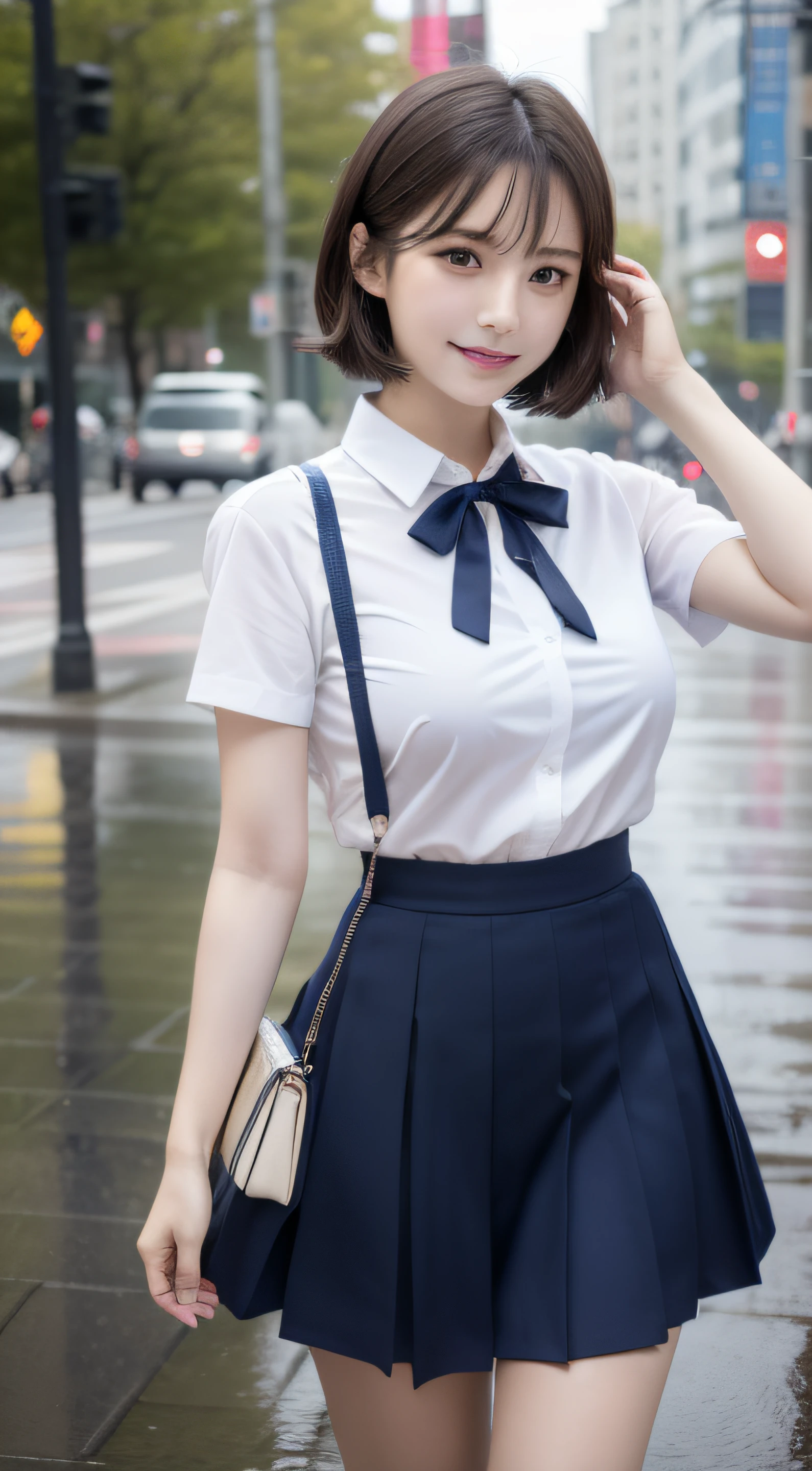 8K、japanaese girl、 girl、High schol Shorthair、A dark-haired、bangss、Brown-eyed、with round face、Perfect figure、Transparency、The sheen、Gloss、discreet breasts、校服、Navy blue ribbon、Light blue shirt、Navy blue skirt、Loose socks、Guangyue、Burning Body、hposing Gravure Idol、In the city、on the park、Beautiful feet、Strong sunshine、Odious、Rain-drenched body、女優、Pose Gravure Idol、乃木坂アイドル、韓国アイドル