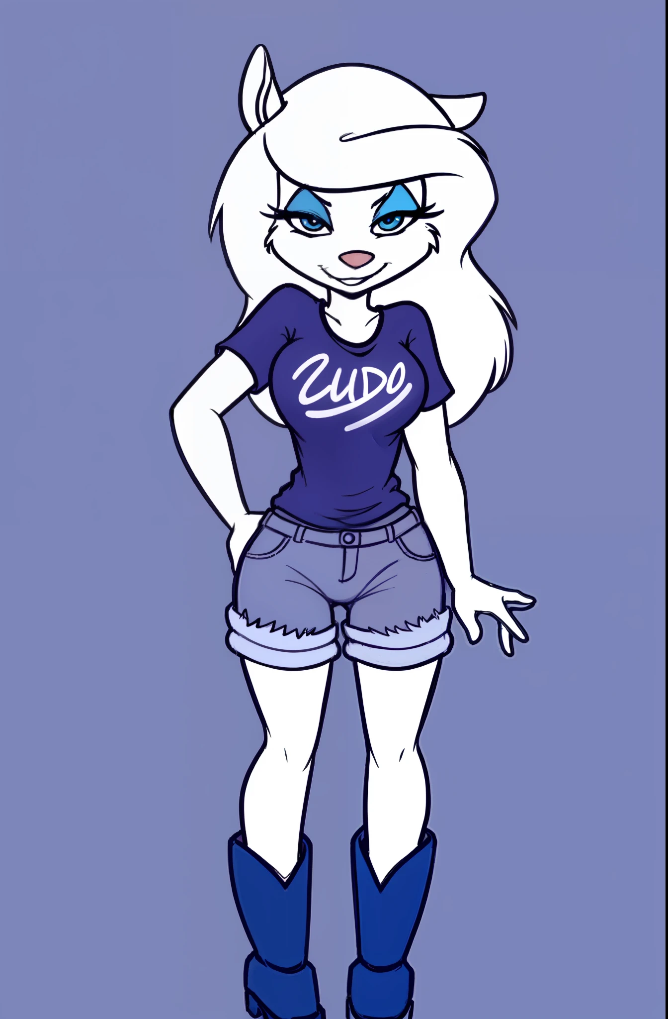 1girl, MinervaMinkCzar,(peludo, furry female, corpo inteiro), (orelhas de animais, cauda longa, cauda loira, focinho, franja varrida, cabelo longo, cabelo loiro, maquiagem, olhos pretos, sombra azul) camiseta pequena, shorts, botas alta