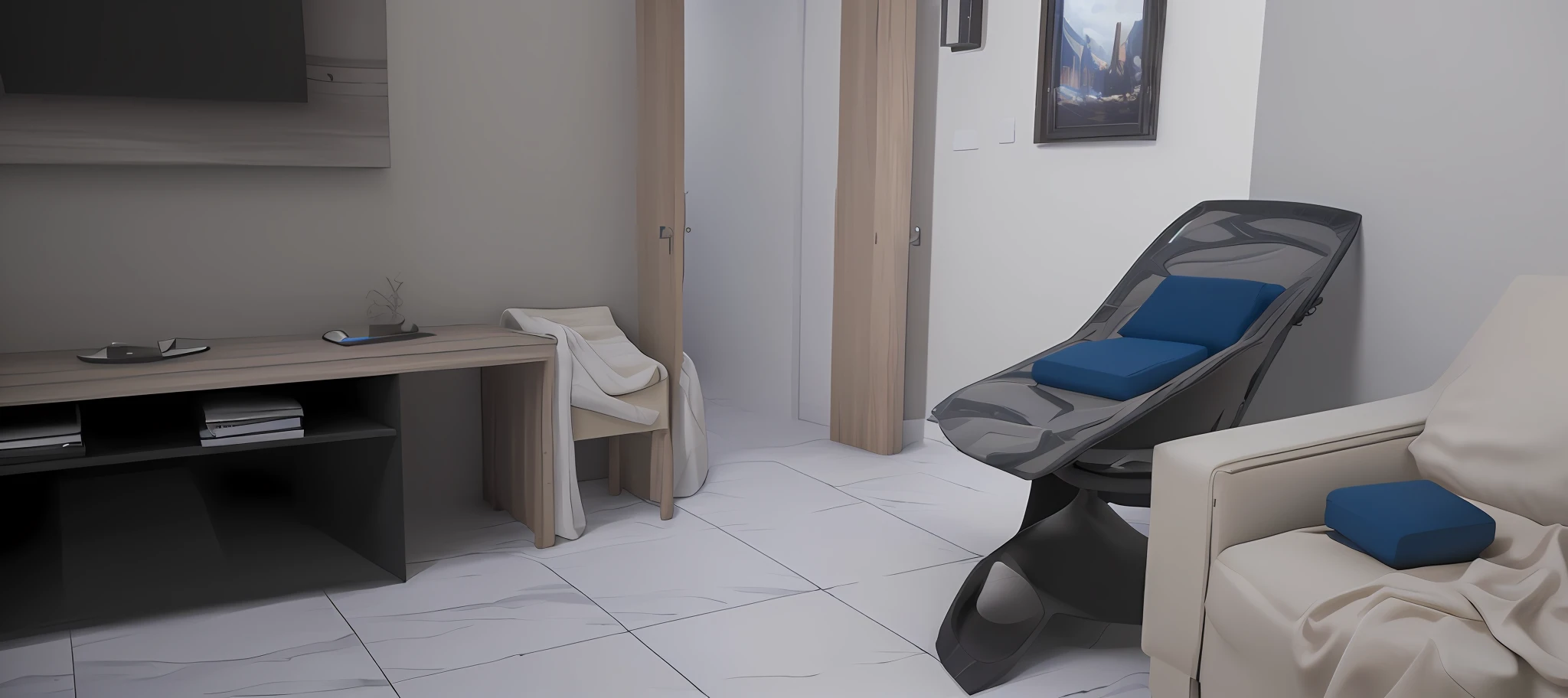 There is a chair and a table in a room, renderizado em pov - raio, renderizado no Unreal Engine 6, very realistic 3 d render, photorealistic render, renderizado em v-ray, high detail render, semi-realistic rendering, Realistic. octan render, high res render, denoised photorealistic render, renderizado no Unreal Engine 3, renderizado em unrealengine