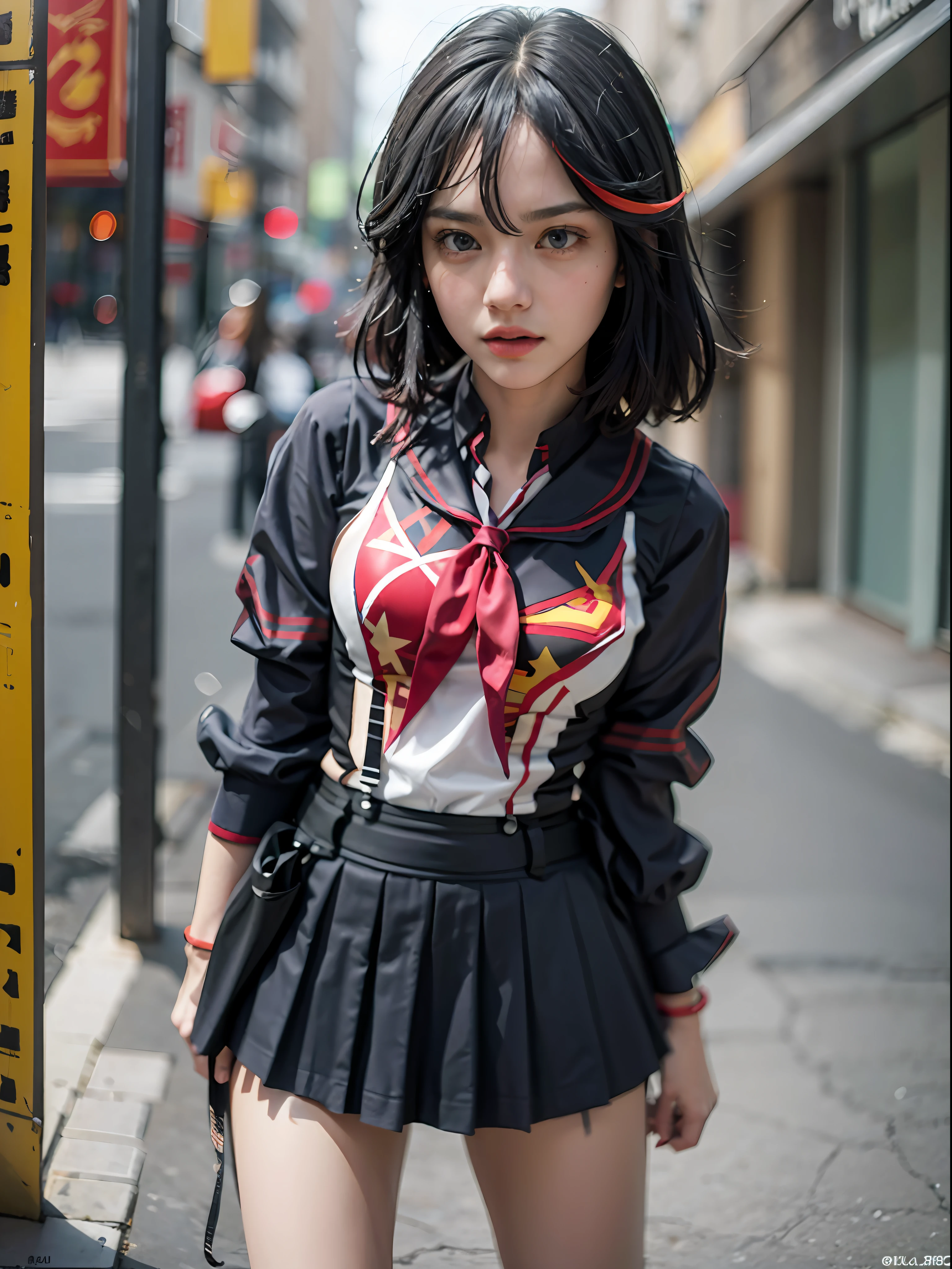 1girl, senketsu, matoi ryuuko, matoi ryuko, suspender, black school uniform, (full body), (realistic:1.2), (realism:1.2), (masterpiece:1.2), (best quality), (ultra detailed), (intricate), (85mm), (highly detailed:1.2), (gradients), sfw, colorful, (detailed background), (detailed face:1.5), (gradients), sfw, colorful, (detailed eyes:1.2), (rule of third_composition:1.3), daylight, solo