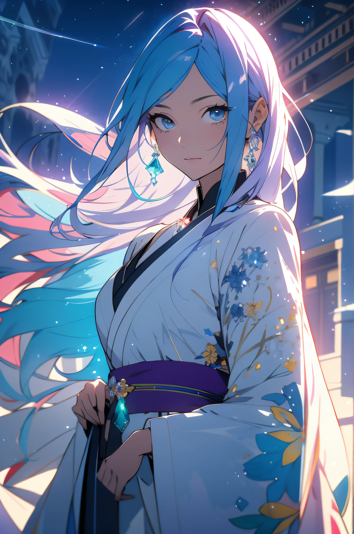 "Orihime: a stunning masterpiece with the best quality and ultra-detailed CG unity. Create a mesmerizing portrait of Orihime, a character with ethereal beauty and radiant presence. Illuminate her in soft, delicate lighting, capturing her graceful movements and intricate details. Dress her in an elegant white kimono adorned with a neck ribbon. Surround her with a serene atmosphere of floating clouds and a twilight sky. Capture the essence of watercolor in the wide shot, showcasing her enchanting blue eyes and multicolored hair (with emphasis on silver, red, purple, yellow, and green shades). Let the scene overflow with too many drops of water, evoking a sense of tranquility and wonder. Achieve a true masterpiece that combines the realms of fantasy and reality."