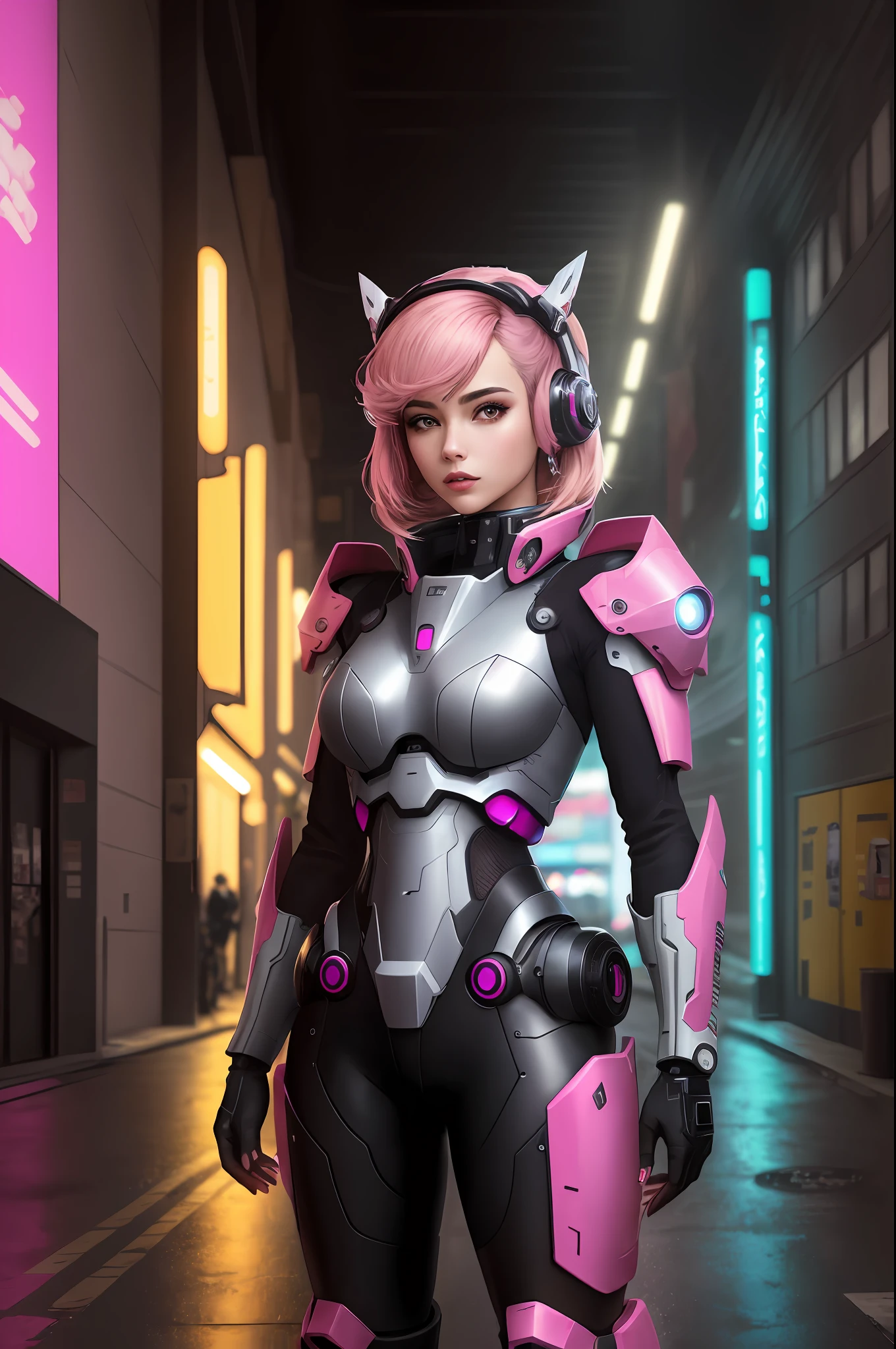 (Obra-Prima, Qualidade Superior, Melhor Qualidade, Arte Oficial, Beauty and Aesthetics: 1.2), (1 Menina), Mecha, Futuro, Tecnologia, Luz, Cidade Cyberpunk, Emaranhamento, Parte Superior do Corpo, Extremamente Detalhado, (Arte Fractal: 1.3), colorido e mais detalhado com cabelo pink