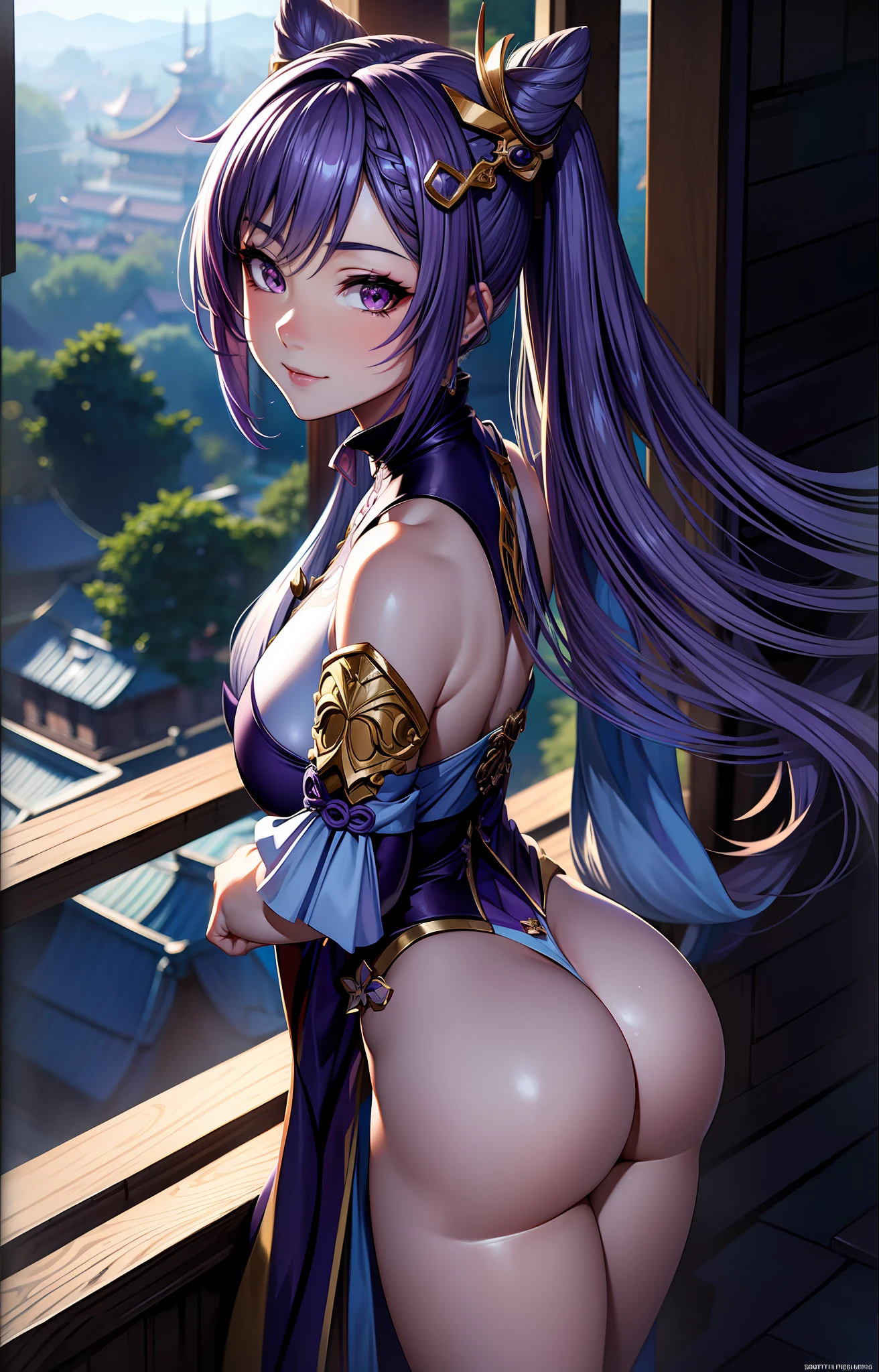Keqing, genshin impact, anime girl with purple eyes and purple hair looking at the camera with a beautiful and attractive smile, colorful lens reflections, glitter gif, light through glass, breathtaking rendering, extreme close-up, cg anime art, attractive anime girl, beautiful anime girl, kantai collection style, seductive beautiful anime woman, detailed digital anime art, beautiful anime woman, beautiful anime girl, | Fine detail anime, (Anime Girl), best quality, masterpiece, ultra-detailed, beautiful, highres, original, absurd, ultra realistic 8K CG, perfect artwork, (((perfect female figure)), mature female, narrow waist, chinese deity looking at viewer, seductive posture, sexy pose, seductive, clean, beautiful face, pure face, skin, hyper realistic, ultra detailed, detailed eyes, lush body, dramatic lighting, dynamic pose, (realistic) realistic, (masterpiece:1.3), (absurdists:1.3), (best quality:1.3), HD, FULL HD, bright lights, best quality, best quality, beautiful lighting, outdoor, (8k extremely detailed CG unit wallpaper), high details, sharp focus, dramatic and photorealistic midjourney painting art, photorealistic, perfect ass, perfect hands